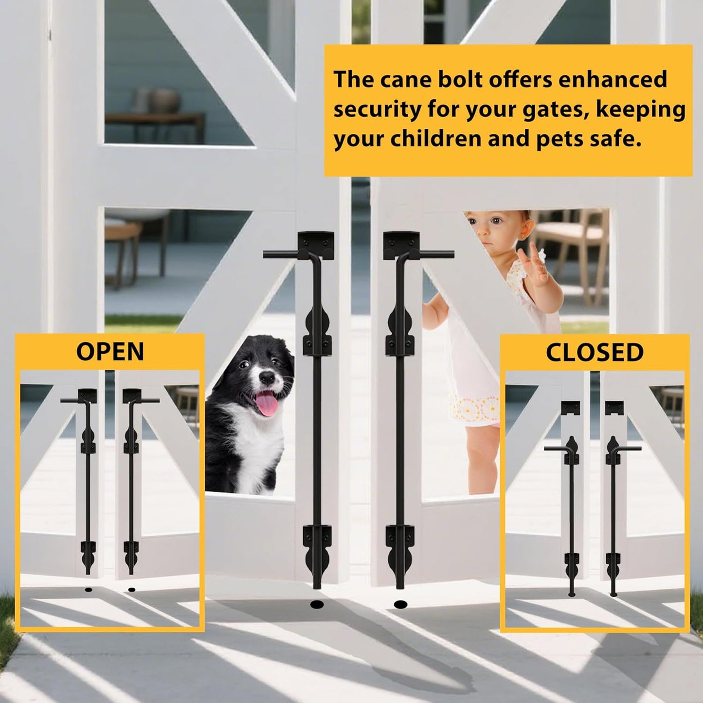 24" Heavy Duty Cane Bolts for Gates with Black Rustproof Powder Upgraded Hardware Gate Drop Rod for Wood PVC Vinyl Fences Gates, Double Doors-1 Pack