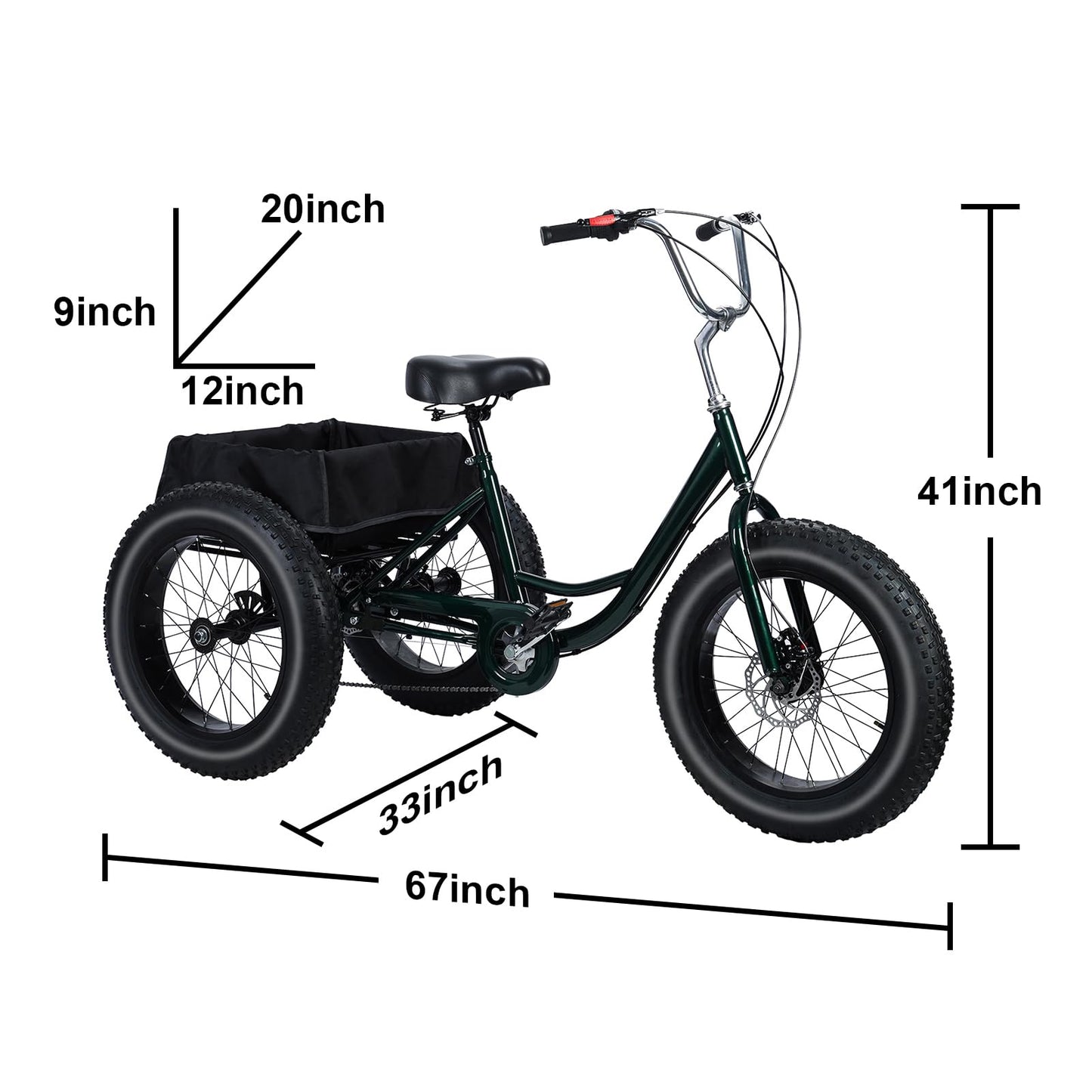 Masiunoz Fat Tire Tricycle for Adults with 450 lbs Capacity, 7-Speed, 20" x 4" Fat Tires, Double Disc Brake and Large Rear Basket for Commuting, Shopping, Camping,Adults Tricycle