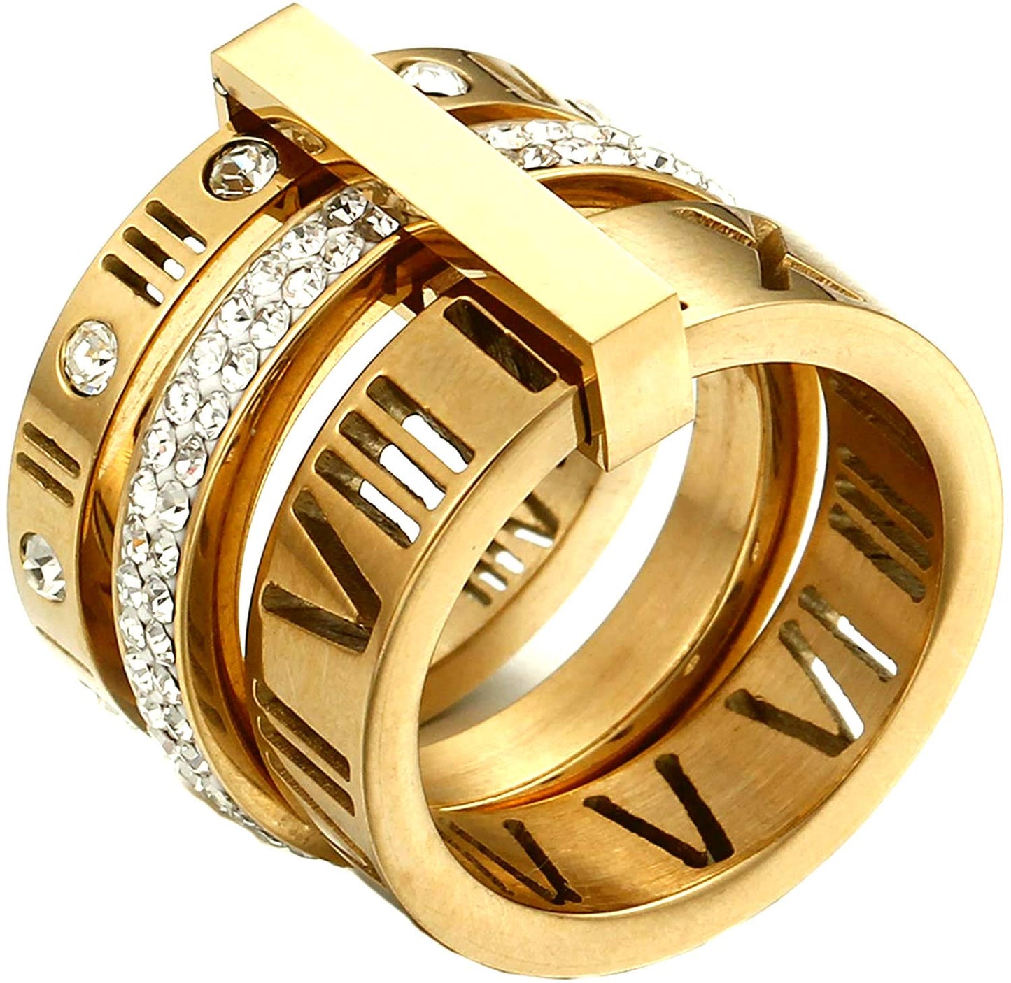 Jarlinwel Stainless Steel CZ Zirconia Roman Numeral Ring For Women Stacking Thumb 3 in 1 Spinner Rings (Gold, 7 Runs small)