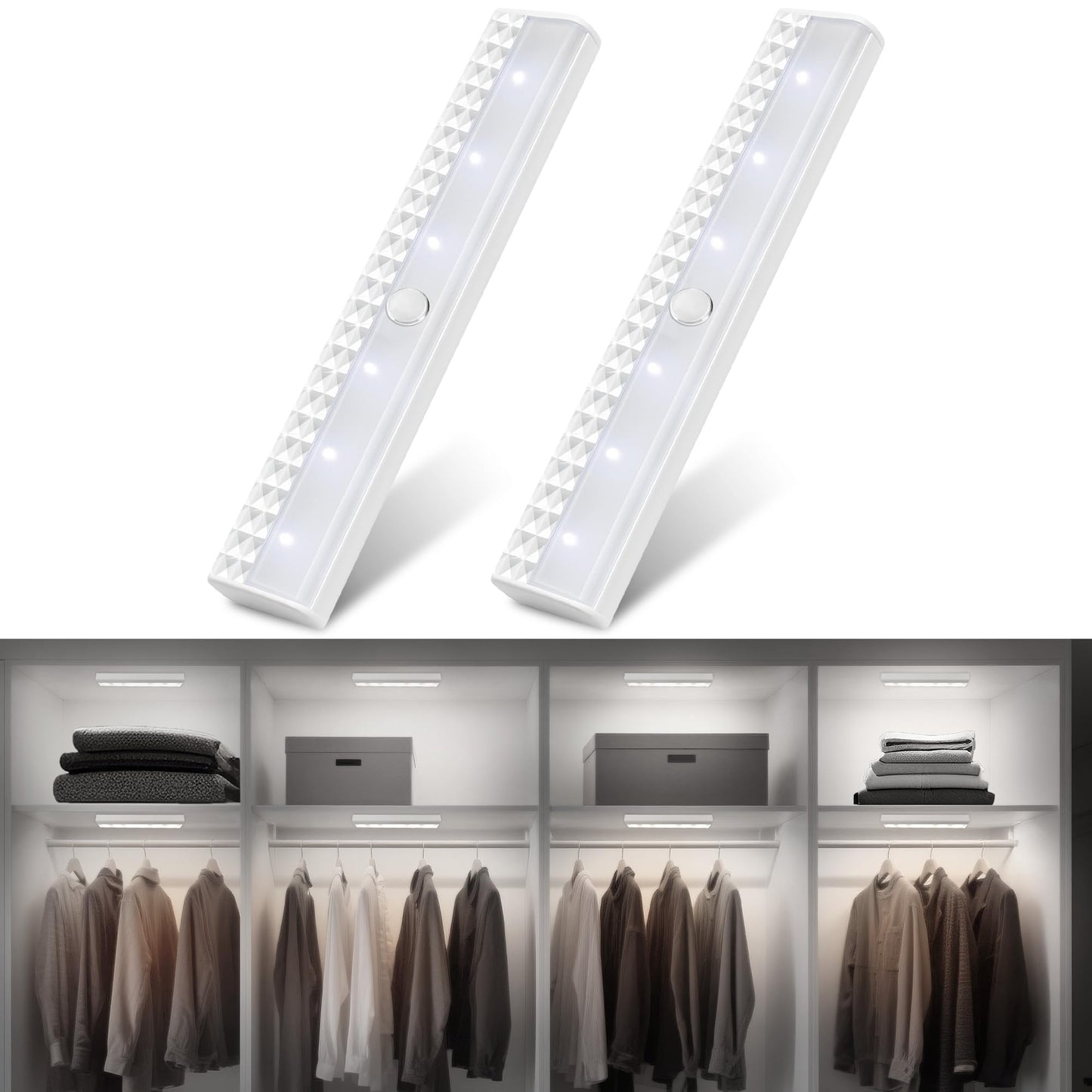 Maylit 2 Pack Closet Lights Motion Sensored  Battery Operated Light Indoor  Wireless Magnetic Night Led Bar  Stick On Lighting For Stair  Shelf  Hallway  Bed  Pantry  Under Cabinet  6000K Cool White