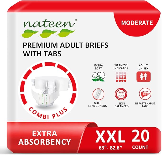 Nateen Combi Plus Adult Diapers with Tabs for Women and Men, Extra Absorbency Disposable Incontinence Briefs, Leakproof and Skin-Friendly Incontinence Underwear.XX-Large, 80Count