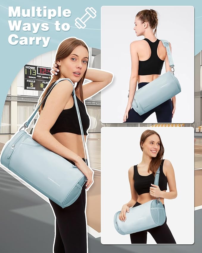 Small Women's Gym Bag - Waterproof Mini Duffle Bag, Travel Duffel with Wet Pocket, Carry On Weekender for Dance, Swimming, Yoga, Fitness - Light Blue