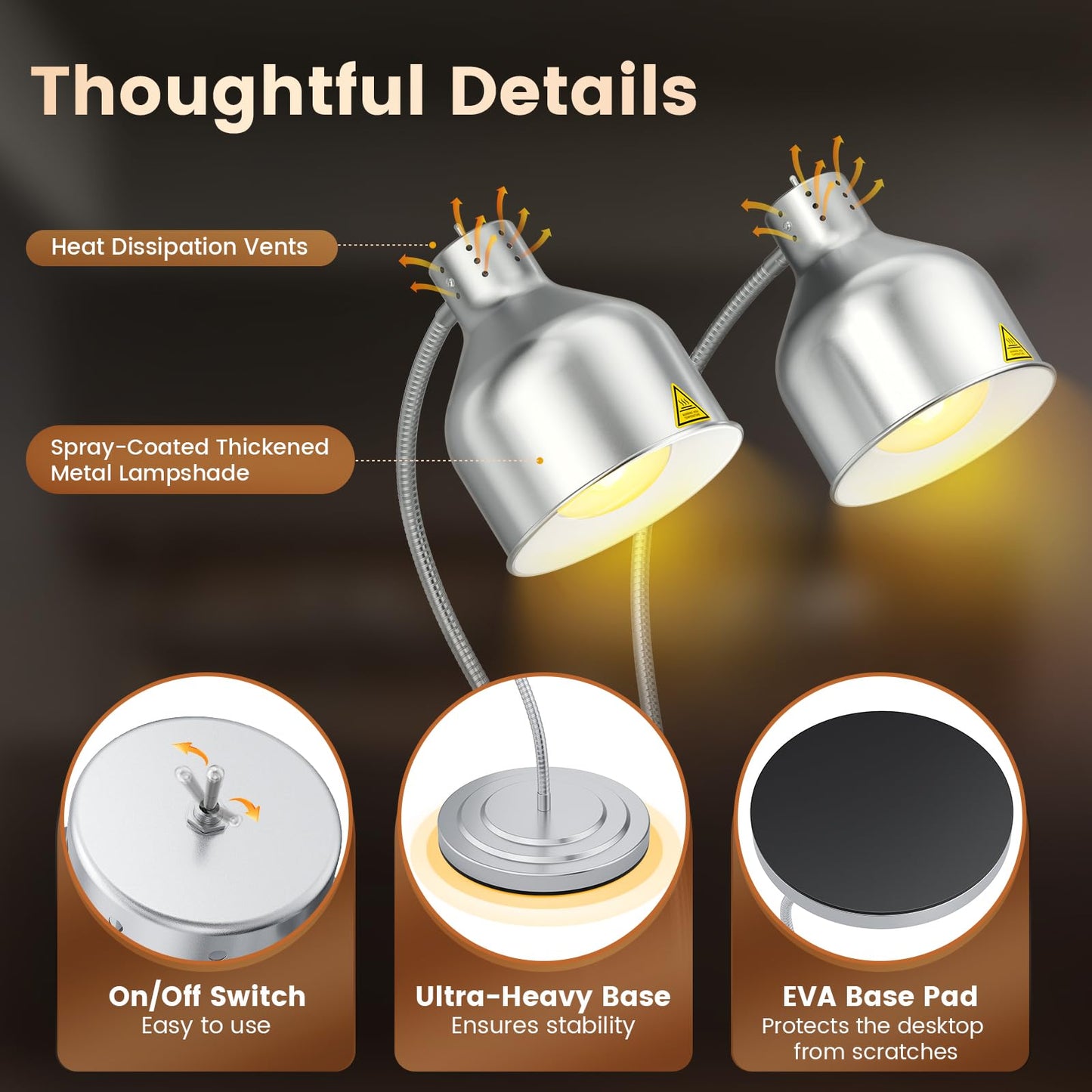 BOEASTER Food Heat Lamp, 500W Dual-Head Stainless Steel Commercial Food Warmer Lamp with 540° Rotation & 3Pcs Bulbs, Portable Warming Light for Restaurant Kitchen Buffet Counter Party Catering