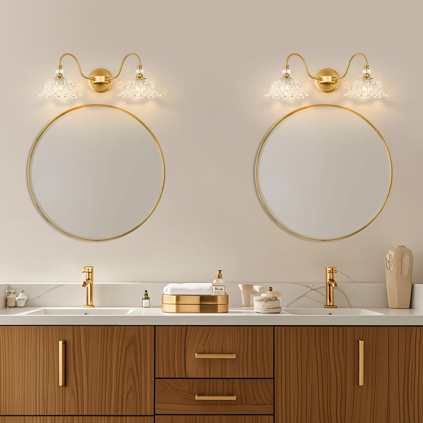 Sunkryster Gold Bathroom Vanity Light  2-Light Brushed Gold Finish Vanity Light With Floral Clear Glass Shades  Retro Wall Mount Lighting For Bathroom  Dressing Table