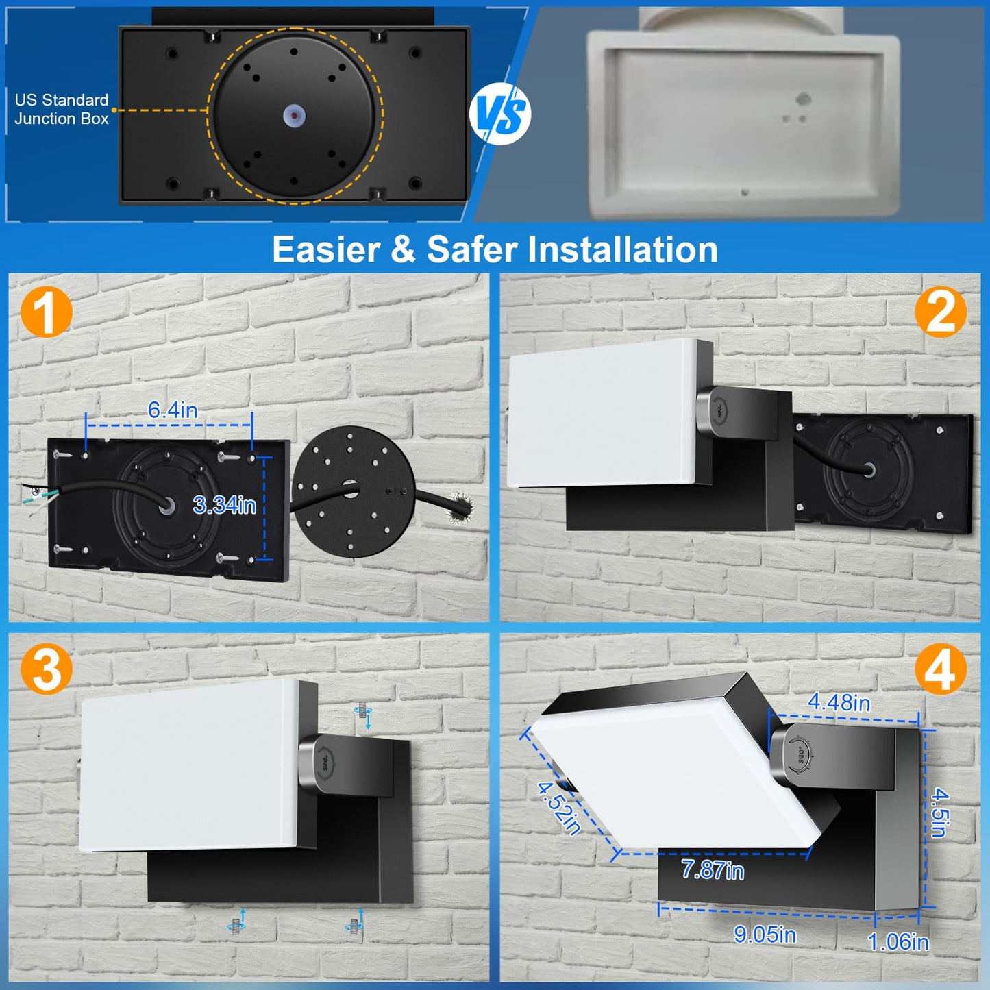 Ledmo 40W Outdoor Wall Lights - Waterproof 5000K Adjustable Black Aluminum Security Lighting, Model 1360