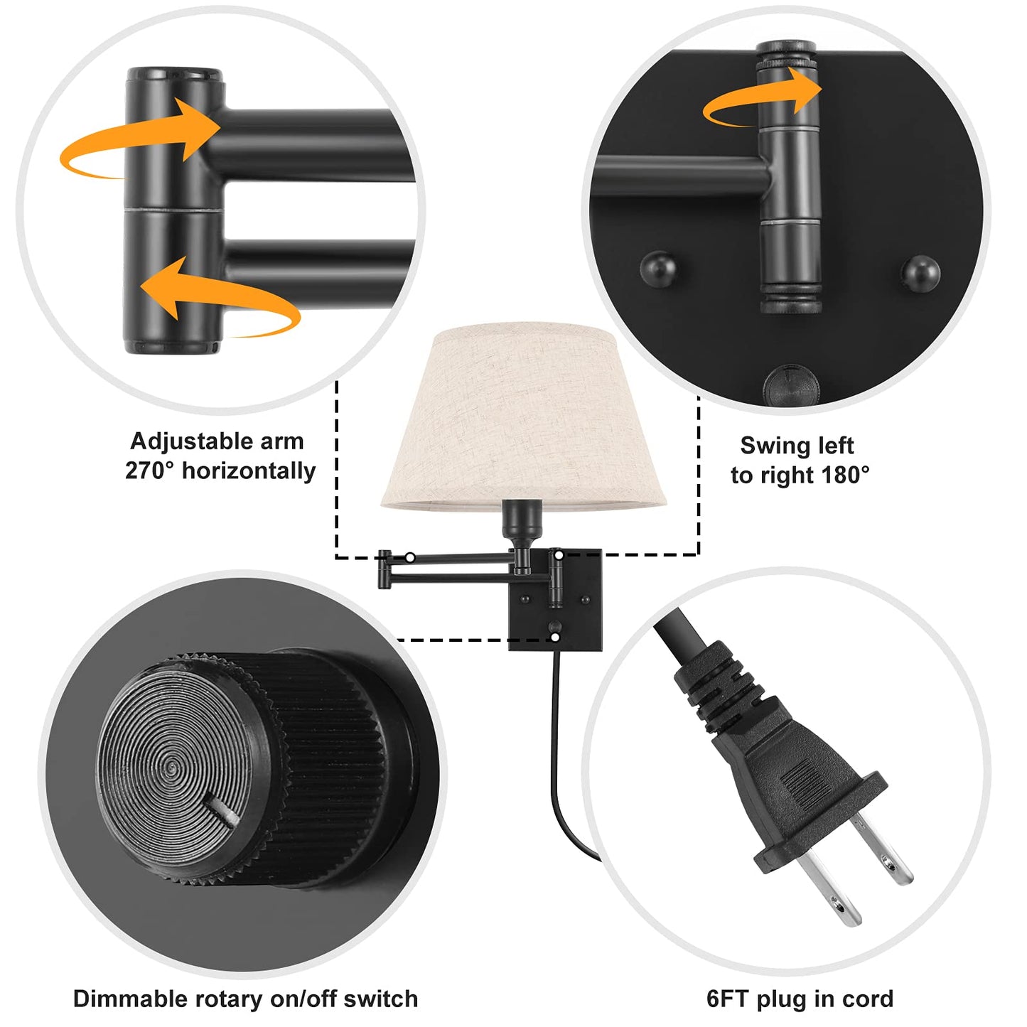 Trlife Dimmable Wall Sconce Set Of 2, Large Beige Fabric Shade, Swing Arm, Metal, Model Bysconce-L-Bei, Includes 2 Bulbs