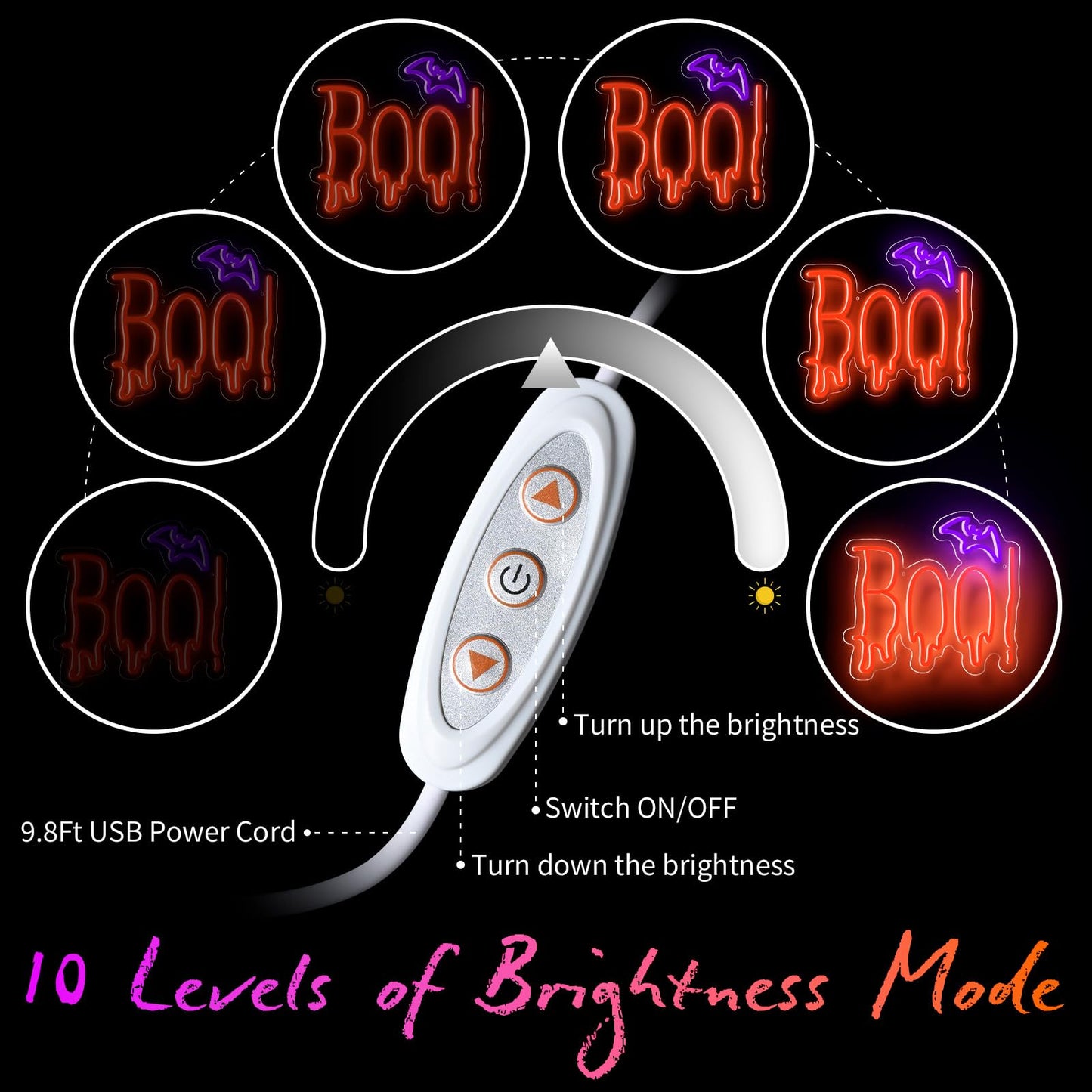 Lingqiang Halloween Neon Sign, Dimmable LED Light, Acrylic, Orange Purple BOO Design