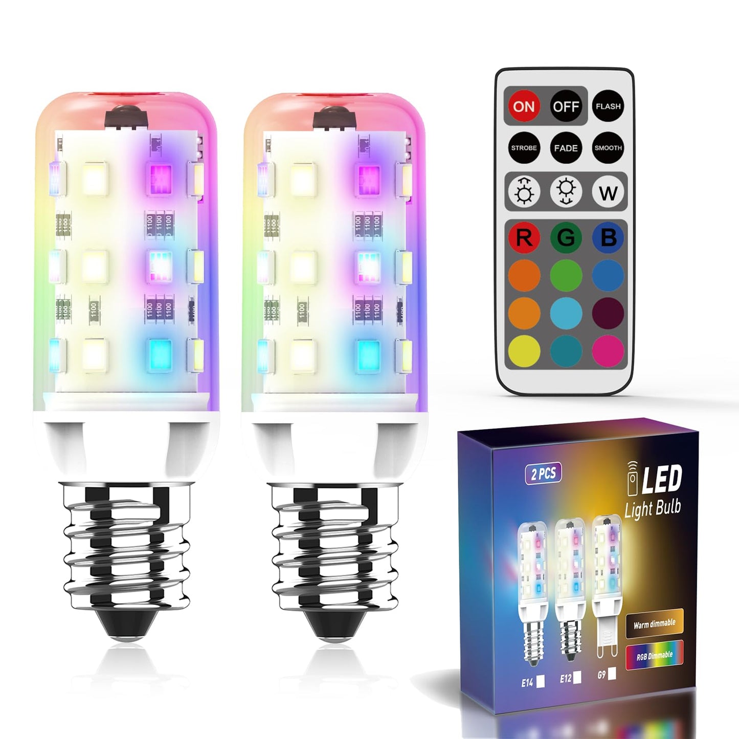 YUIIP E12 LED Color Changing Candelabra Light Bulb, 2W, 200LM, Warm White, Remote Control, Pack of 2, Model E12-WRGB-IR