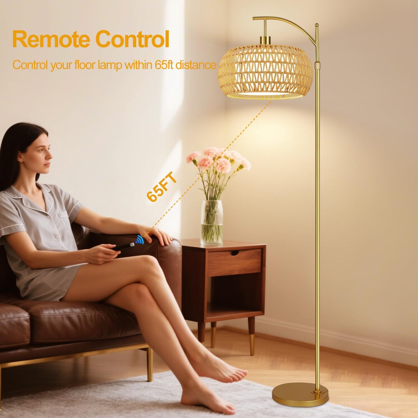 ZECOXOL Gold Floor Lamp, Dimmable Arc Design, Rattan Shade, 12.28 inch, Remote Control, Model 001, Boho Style for Living Room or Bedroom
