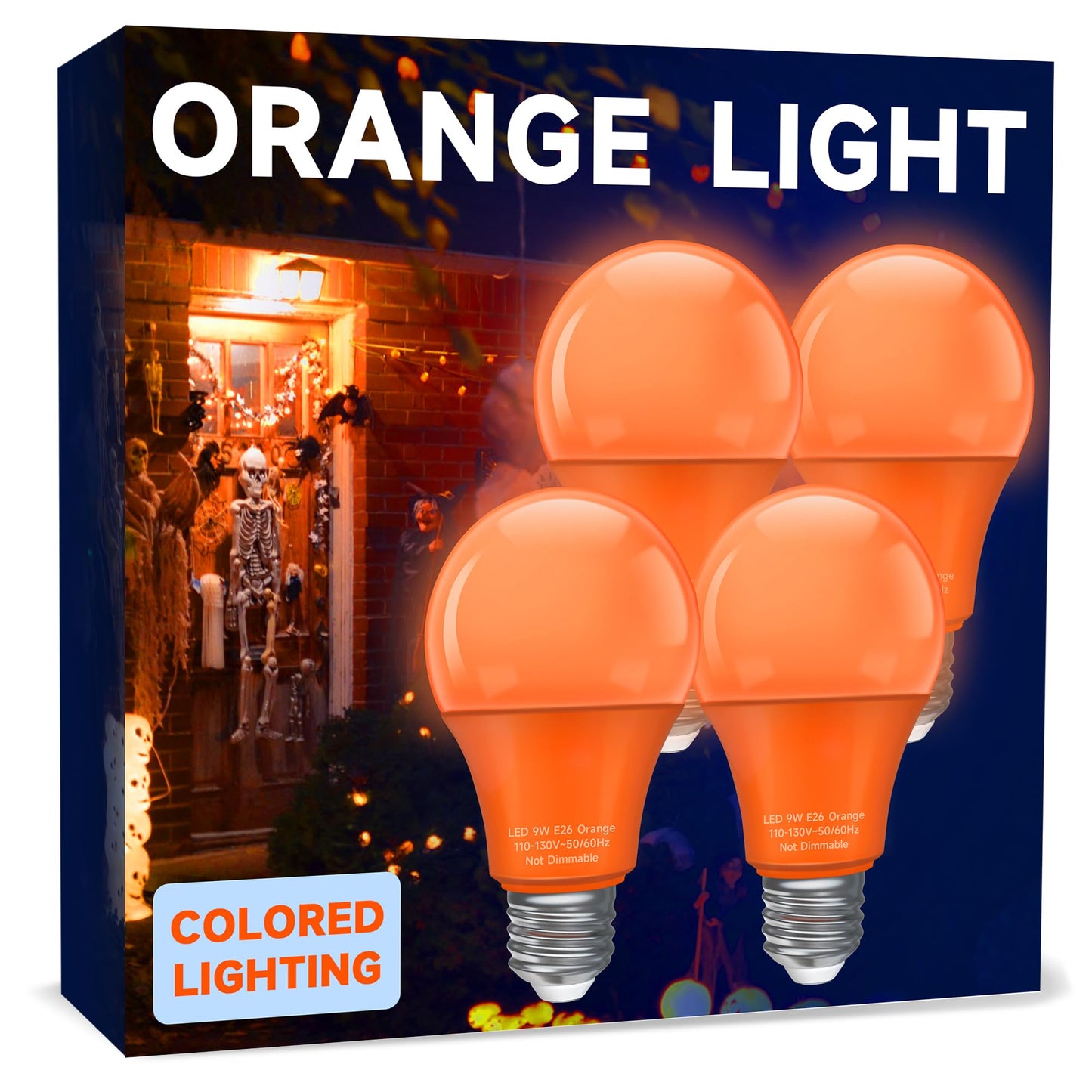 UNILAMP A19 LED Orange Light Bulb, 9W Equivalent, E26 Base, Non-Dimmable, 4 Pack, Holiday Lighting, Model 120VA19OOW9E