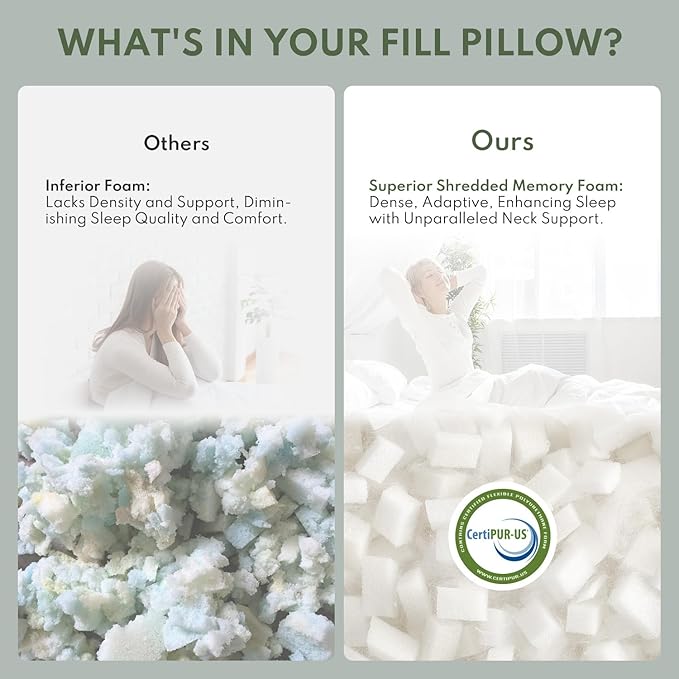 Cooling Shredded Memory Foam Pillow for Sleeping - King Size 2 Pack, Adjustable Bed Pillows Set of 2 for Side, Back, and Stomach Sleepers, Washable Breathable Cold Cover - CertiPUR-US