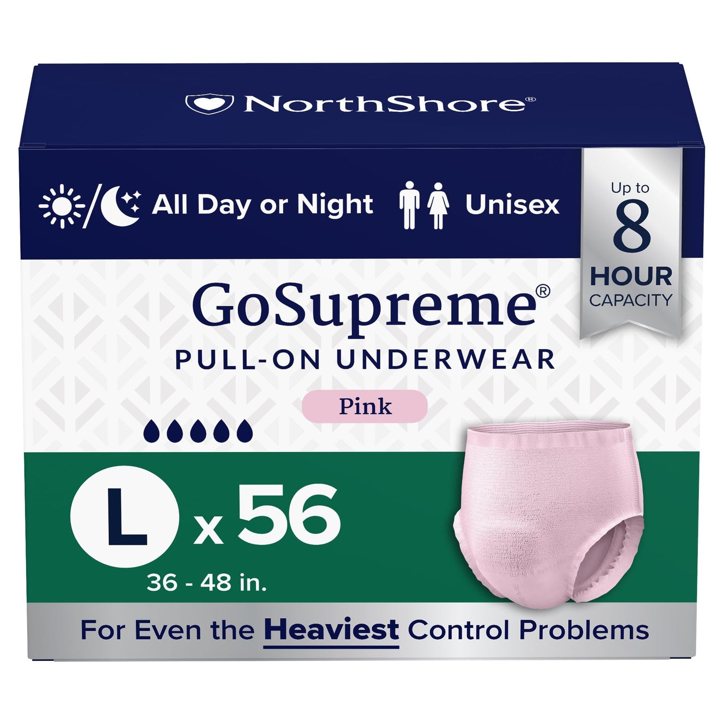 NorthShore GoSupreme Overnight Pull-On Underwear, 8-Hour Leak Protection, Large, 56-Count Case, Pink, (36-48 in Waist), Unisex Adult Diapers