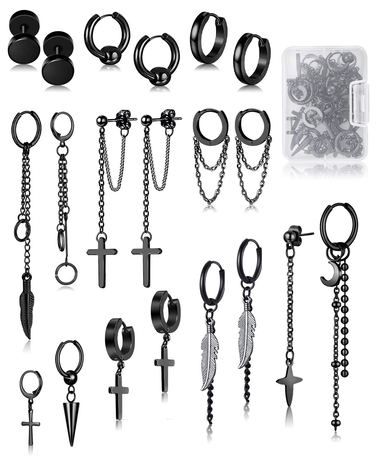 FIFATA 20 Pieces Men Earrings Set - Black Stainless Steel Chain Hoop Earrings Cross Moon and Star Dangle Earrings Piercing Jewel