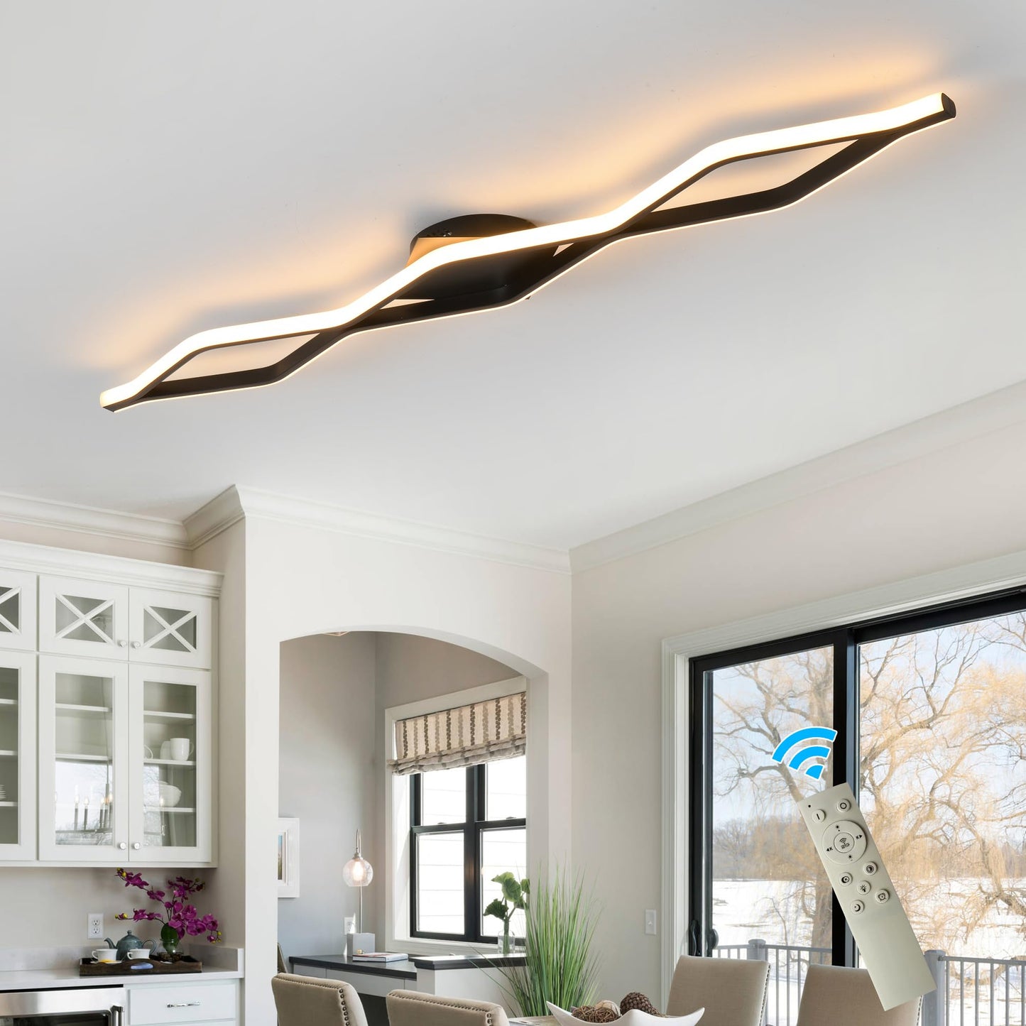 Qcyuui Dimmable Led Ceiling Lights 46.4 Kitchen Lighting Fixtures Ceiling Black Flush Mount Ceiling Light With Remote Linear Ceiling Light For Kitchen Bedroom Dining Room Hallway 24W