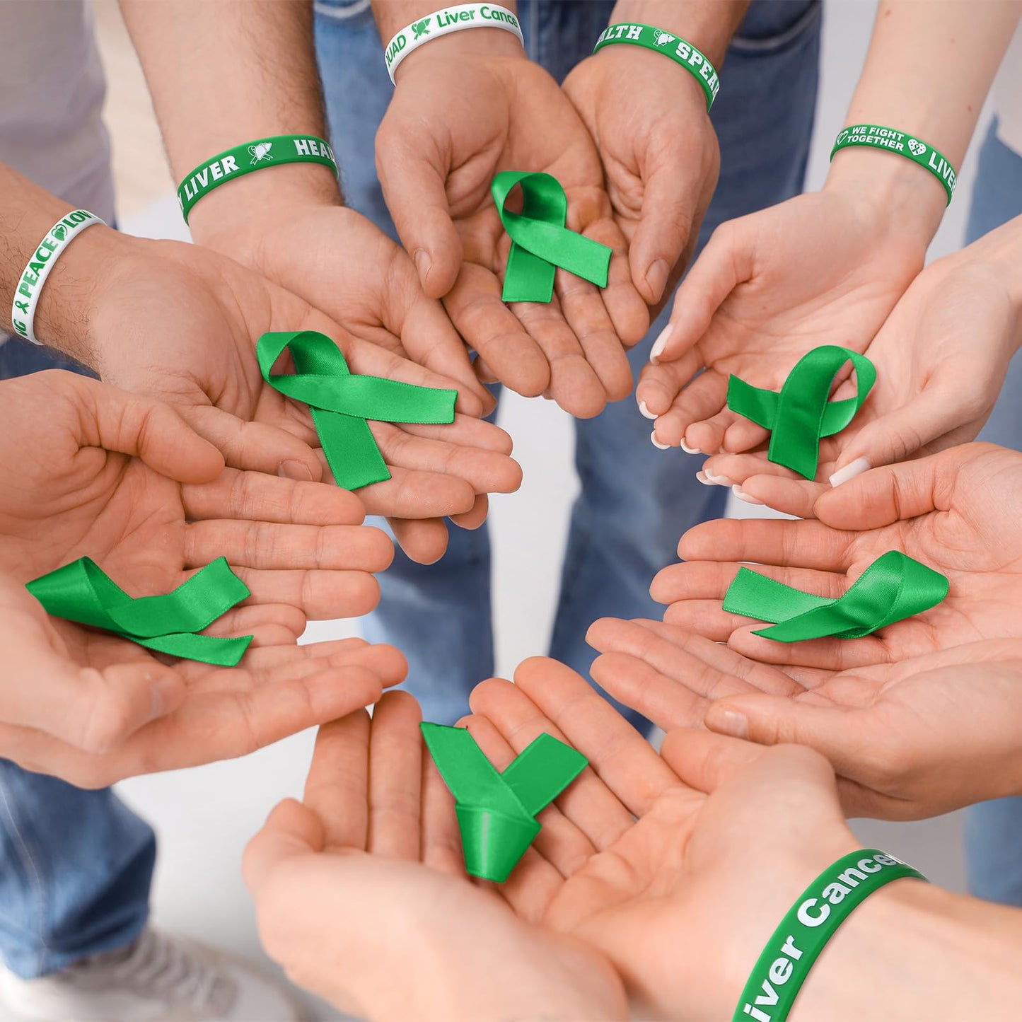100 Pcs Liver Cancer Awareness Wristbands Bulk 10 Styles Green Ribbon Silicone Bracelets Liver Cancer Awareness Wristbands with