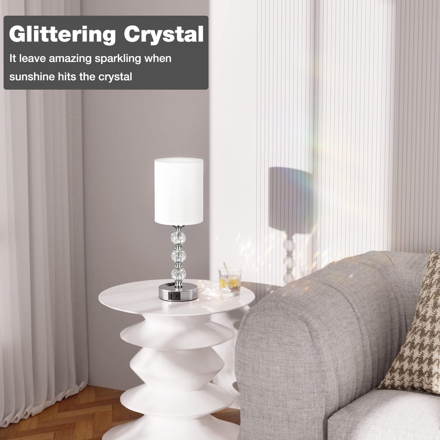 Acaxin Touch Bedside Crystal Lamp With Usb Charging Port, 14.6In, White, 3-Way Dimmable For Bedroom, Living Room, Kitchen