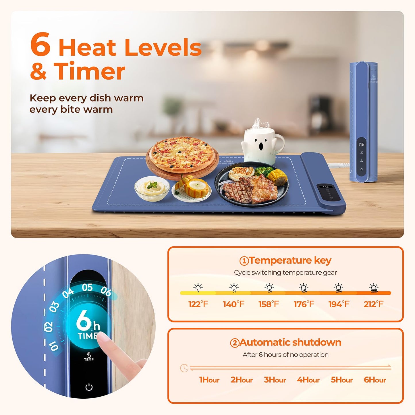 Compact Warming mat for Food, Touchscreen with 6-Temp & Timer Control, Foldable Food Warmer Mat for Coffee Tables, Breakfast Bars & Small Gatherings | Ideal Kitchen Gift (Graphene Heating, Blue)