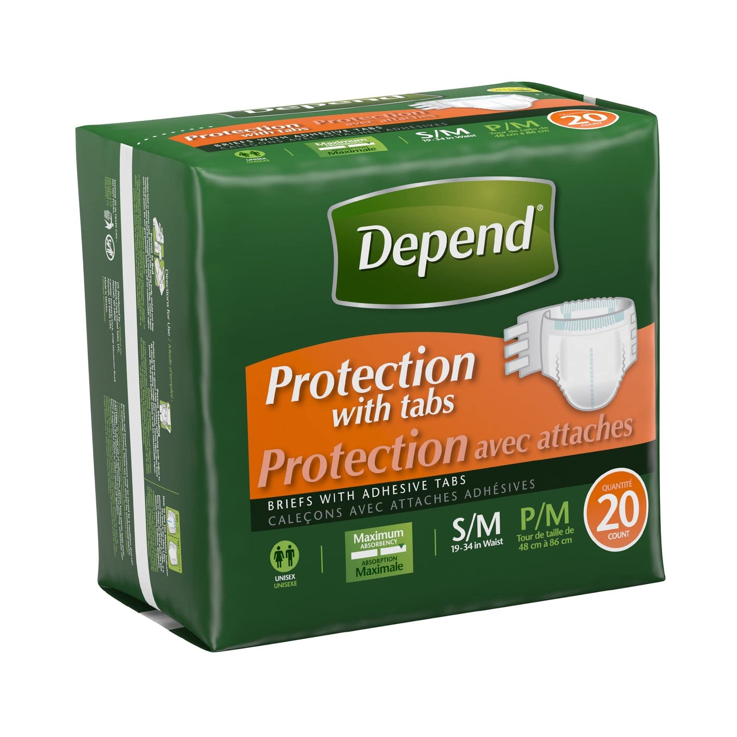 Depend Protection with Tabs, Maximum Briefs S/M, 20 Count 19-34 in Waist
