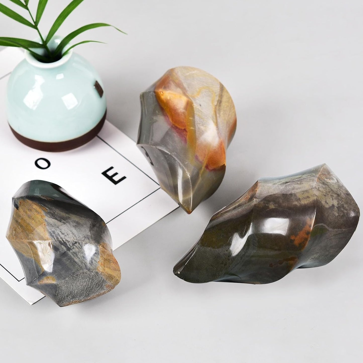 AMOYSTONE Polychrome Jasper Flame Shaped Stone Towers Obelisk Natural Healing Crystal Quartz Reiki Energy Decoration Home Office Decor 1.5-2.2LBS