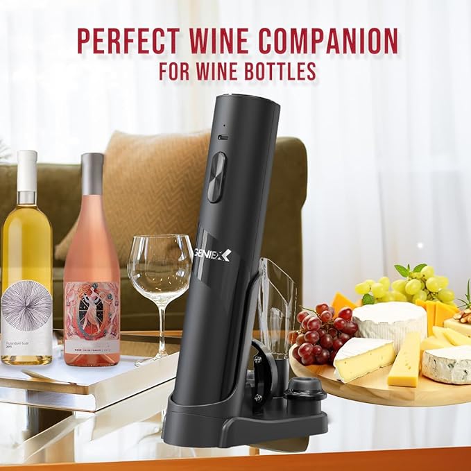 Electric Wine Opener with Charging Base | Electric Corkscrew Wine Bottle Opener at BOTTOM END + Auto Wine Saver Pump at TOP - Cool Wine Gifts and House Warming Gift