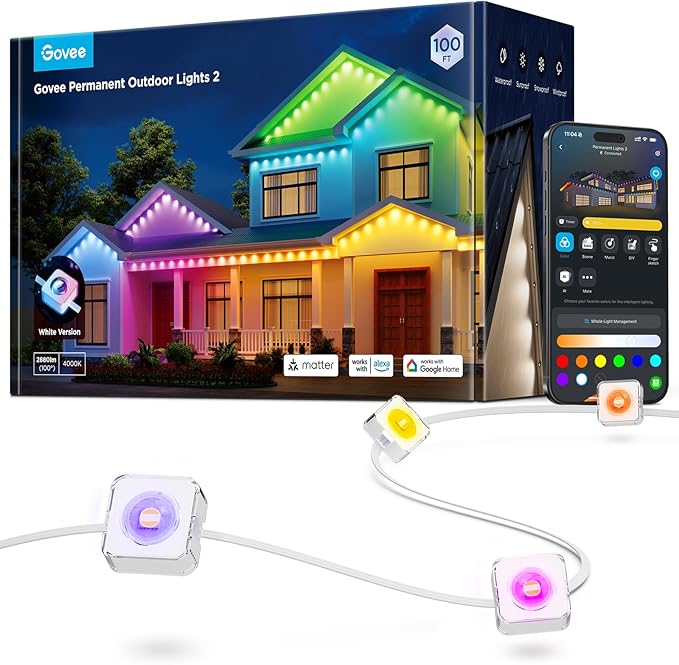Govee Permanent Outdoor Lights 2, 100ft RGBIC Outdoor Lights with 72 LED Lights, IP67 Waterproof, 100 Scene Modes with 40l...