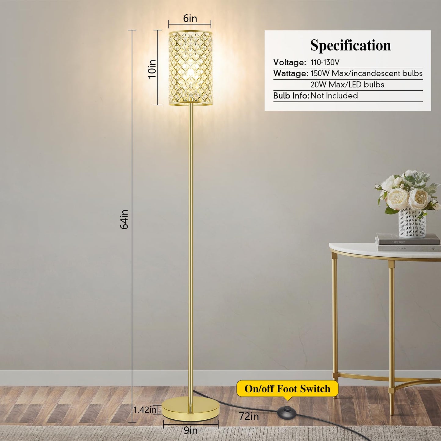 Seaside Village Gold Floor Lamp, Crystal Shade, On/Off Foot Switch, Modern Design for Living Room or Bedroom