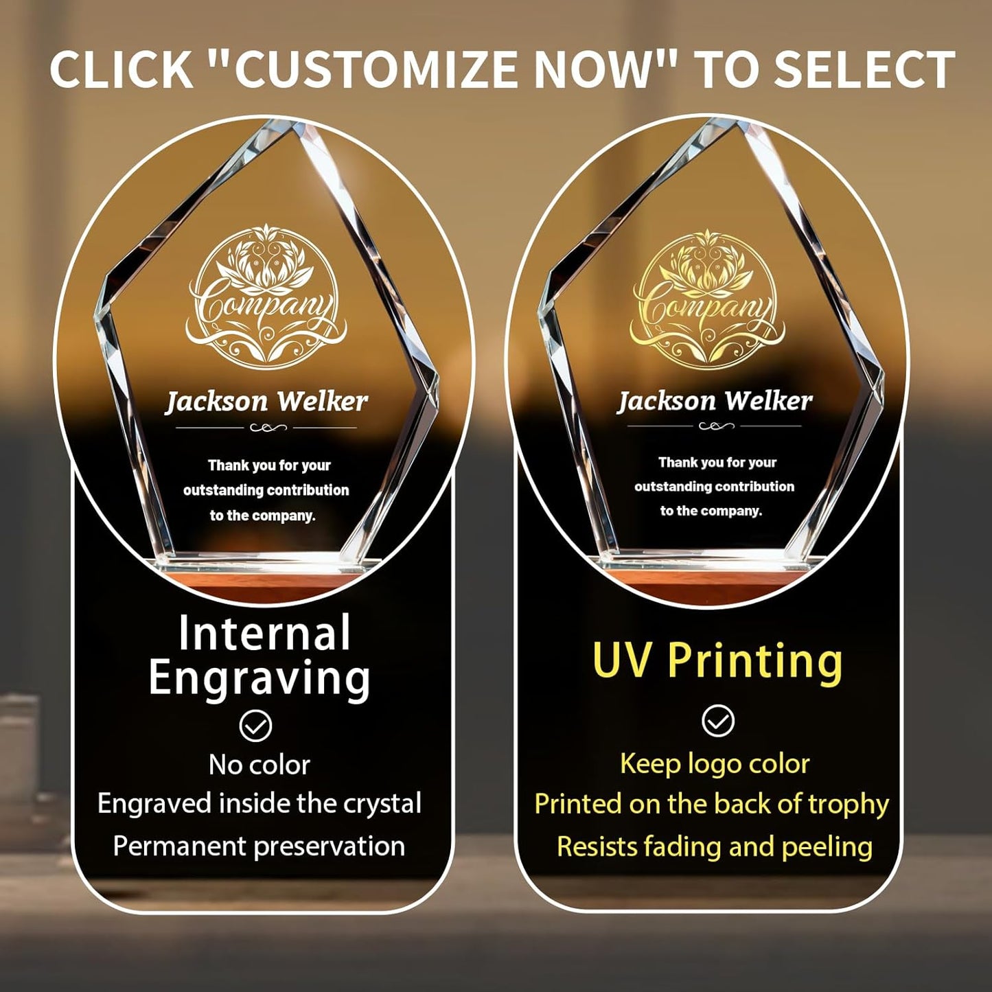 Custom Crystal Trophy Award with Wood Base, Custom Plaque Personalized Engraved with LOGO Text, Employee Appreciation Gift, Retirement Gift for Employee Coworker, Sports Recognition Trophies