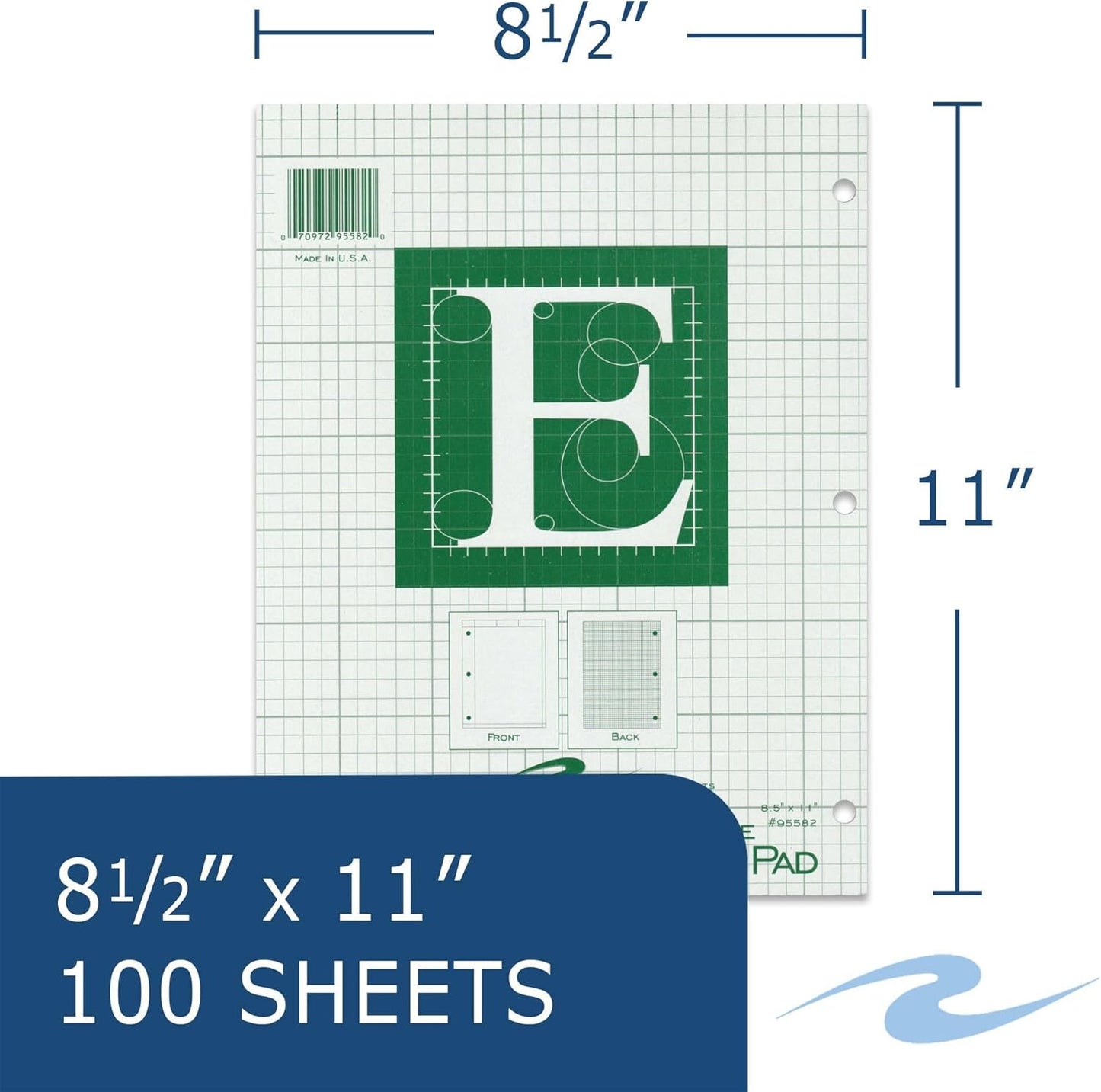 ROARING SPRING Engineering Pad, 8.5" x 11", 100 Sheets 15# Green Paper, 5x5 Printed Back Grid-to-Edge, Top Glued, 3-Hole Punched, Heavy Backing Board, Proudly Made in USA! (Case of 24)