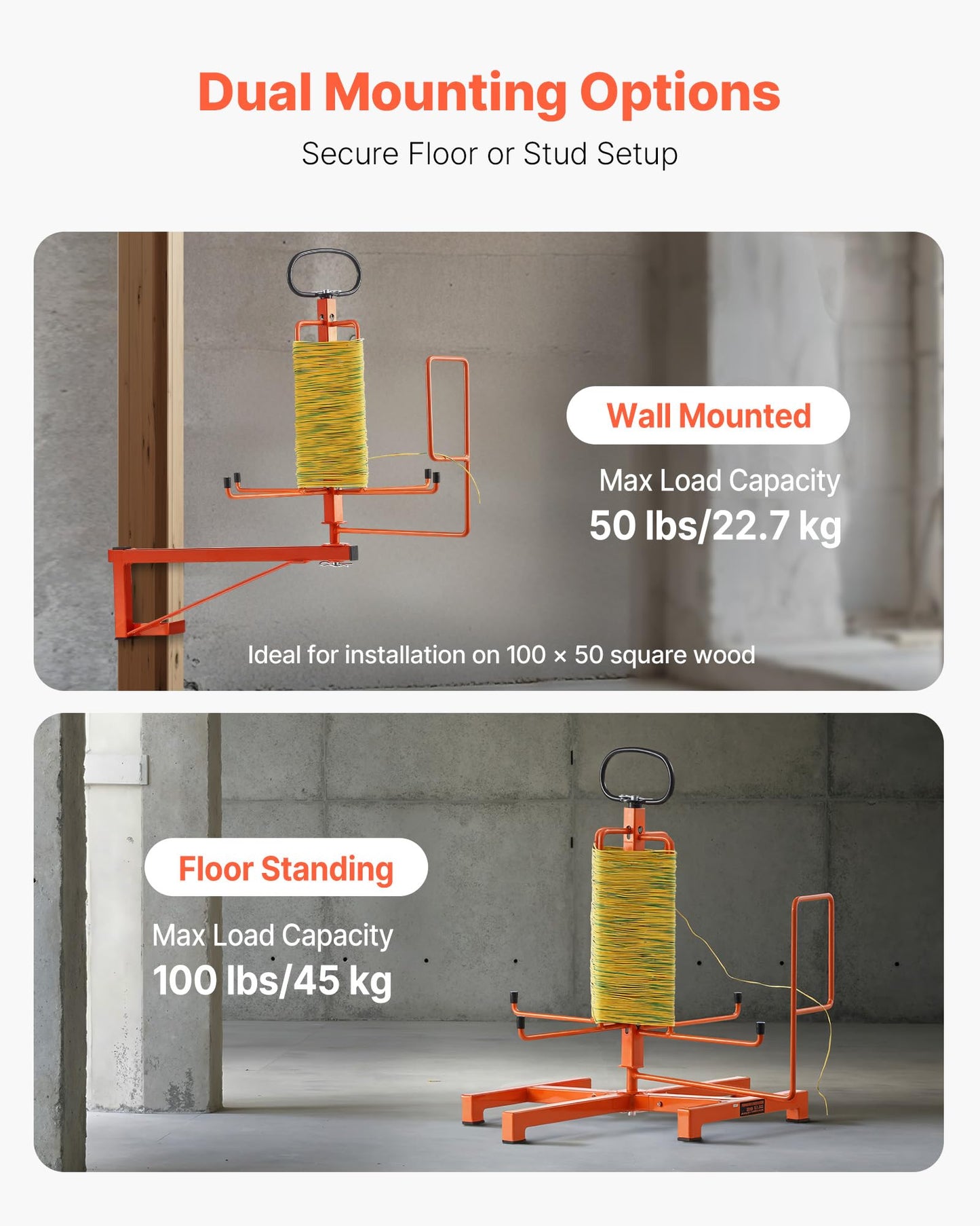 Vevor Cable Dispenser, Floor Or Stud Mounted, Wire Spool Rack, Portable Wire Rack Dispenser With Anti-Slip Metal Handle For Wiri