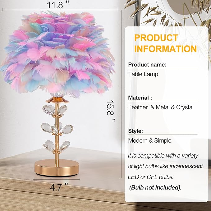 Colorful Feather Lamp Creative Furry Table Lamp Modern Feather Desk Lights Romantic Princess Bedside Nightstand Light for Teen Girls Bedroom Living Room Wedding Entryway Office
