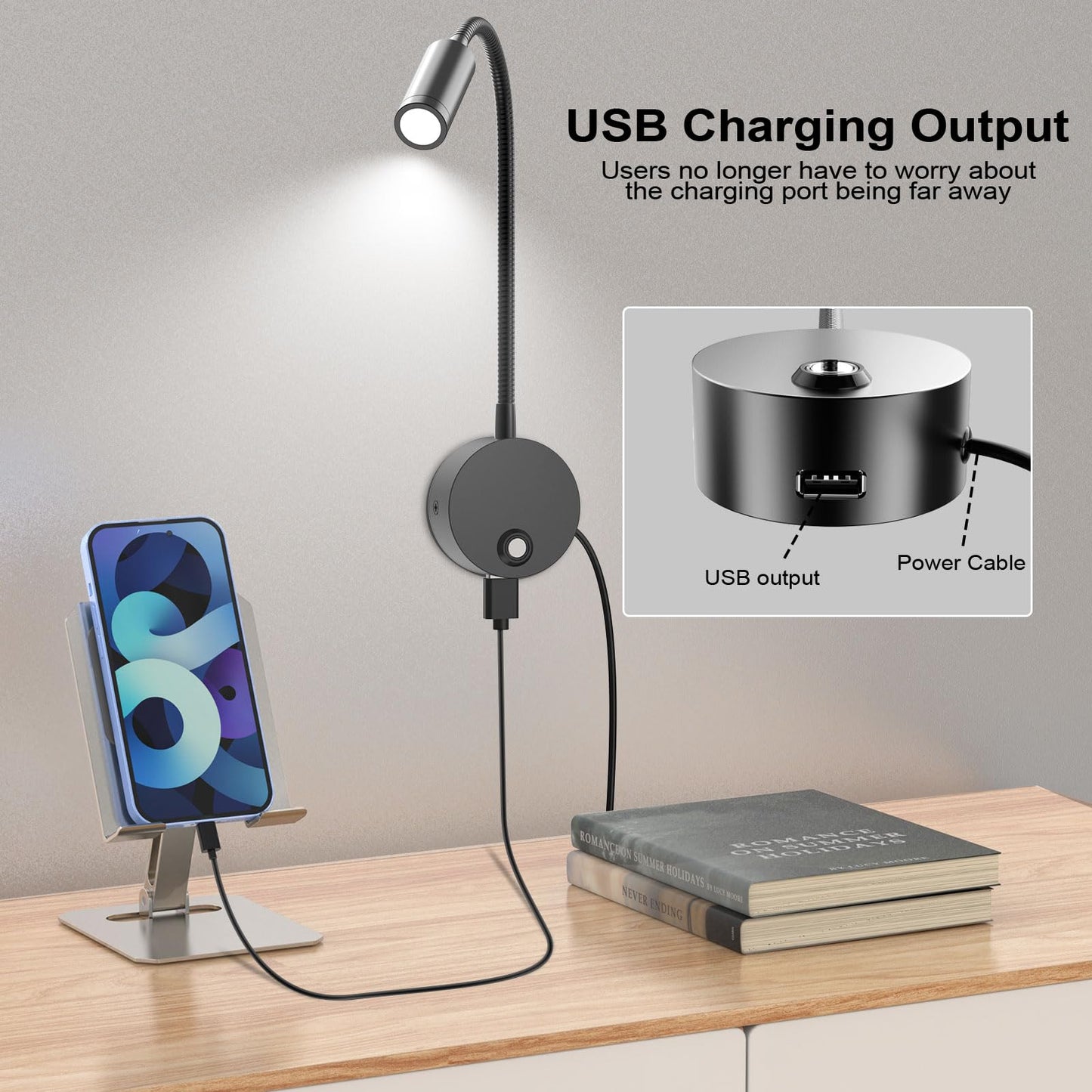 ERAY Wall Mounted LED Reading Light, Dimmable, Remote Control, USB Charging, 15in Gooseneck, Black, 1 Pack, Model PY-HB605U-RF