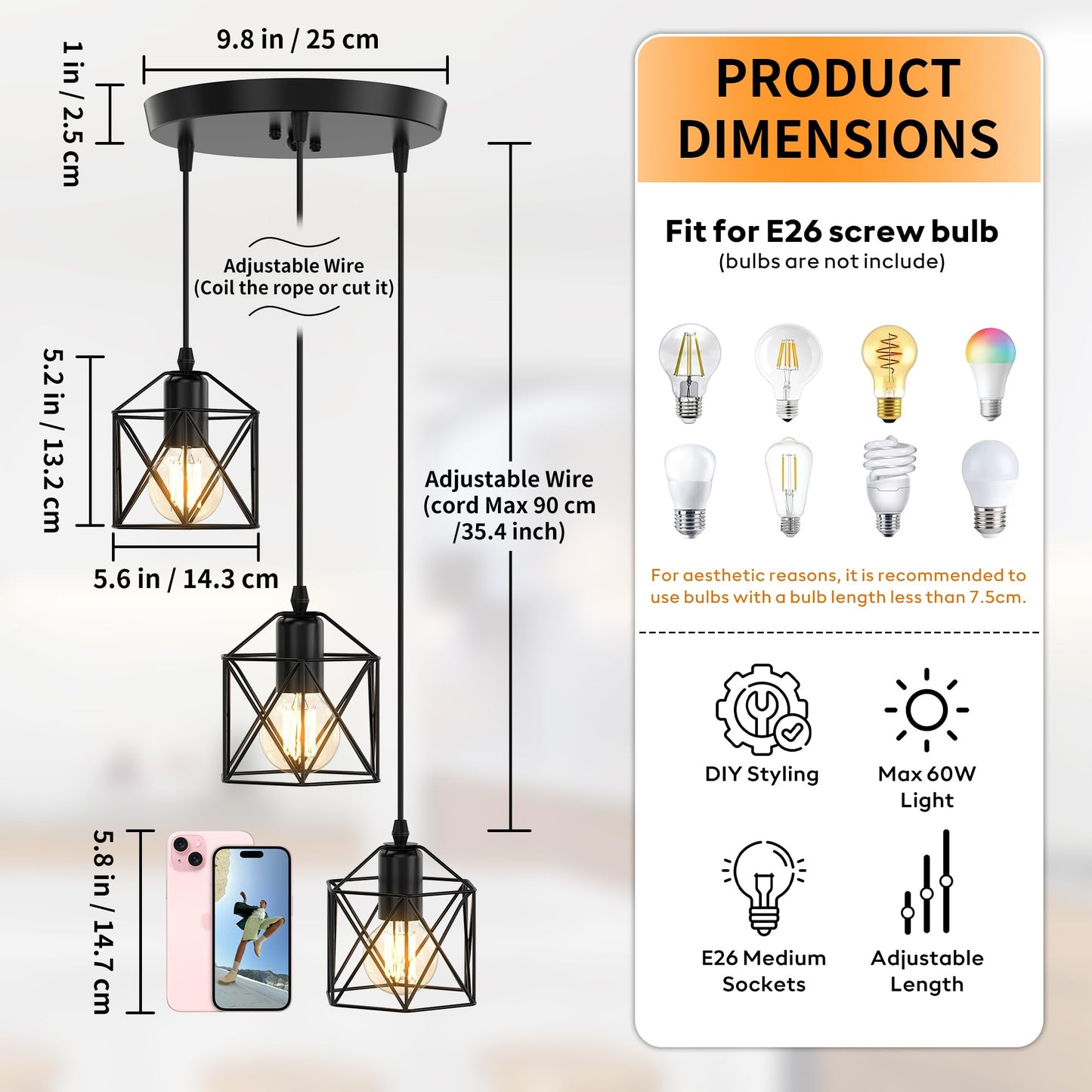 Phaosio 3-Light Pendant Lighting  Farmhouse Hanging Light Fixture For Kitchen Island & Dining Room  Industrial Vintage Ceiling Lamp With E26 Base  Adjustable Height  Matte Black