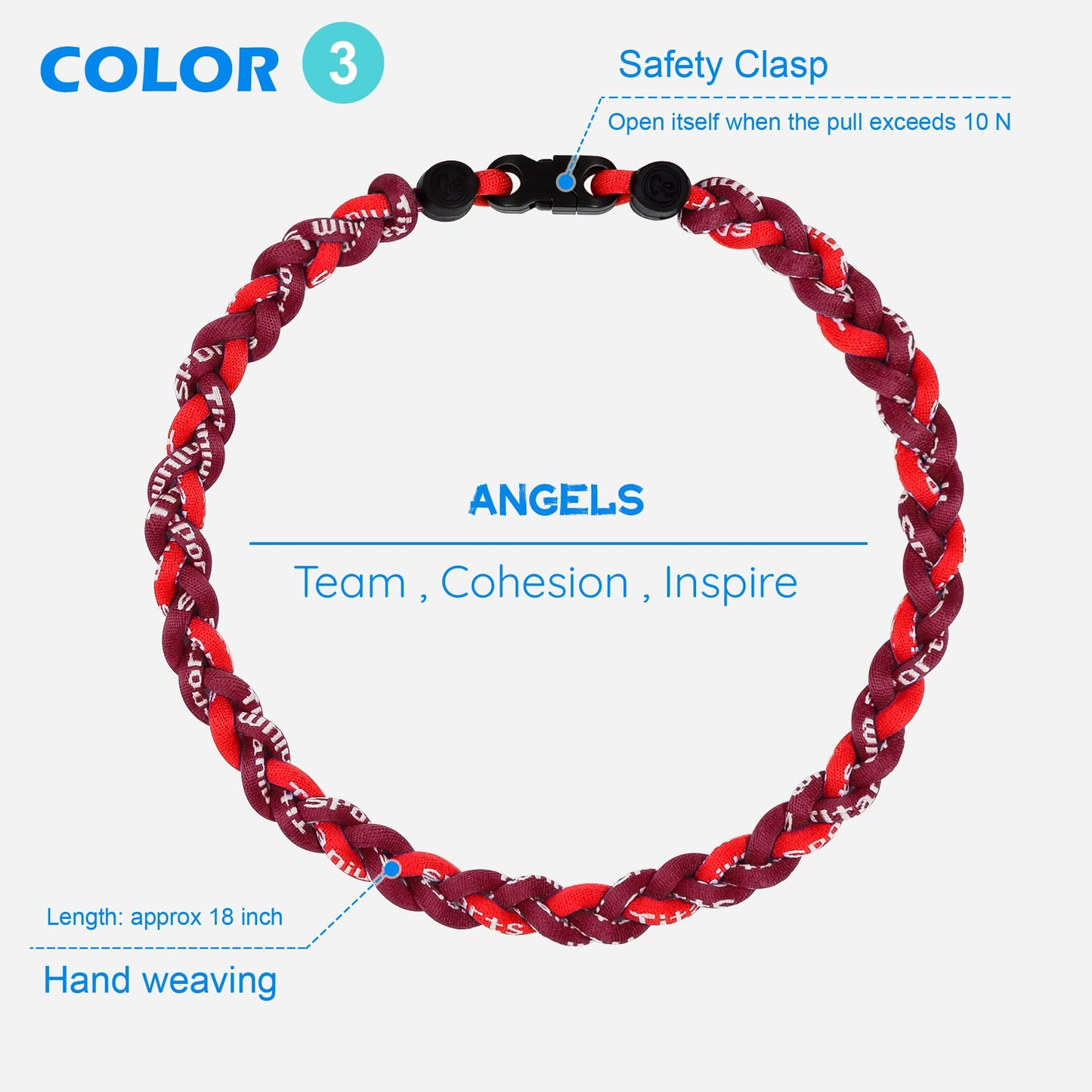 SUPBOMM 3 pcs Baseball Rope Necklaces, League Team Colors Braided Necklace, Baseball Team Gifts, Angels