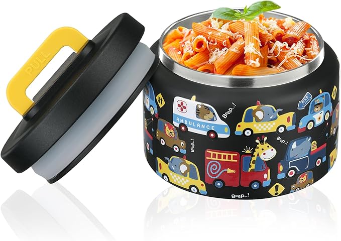 PIQUEBAR 8oz Kids Thermo for Hot Food,Small Lunch Thermos Food Container Stainless Steel,Easy Open Wide Mouth Thermo for Hot Cold Food for Preschool Travel (Black Animal Truck)