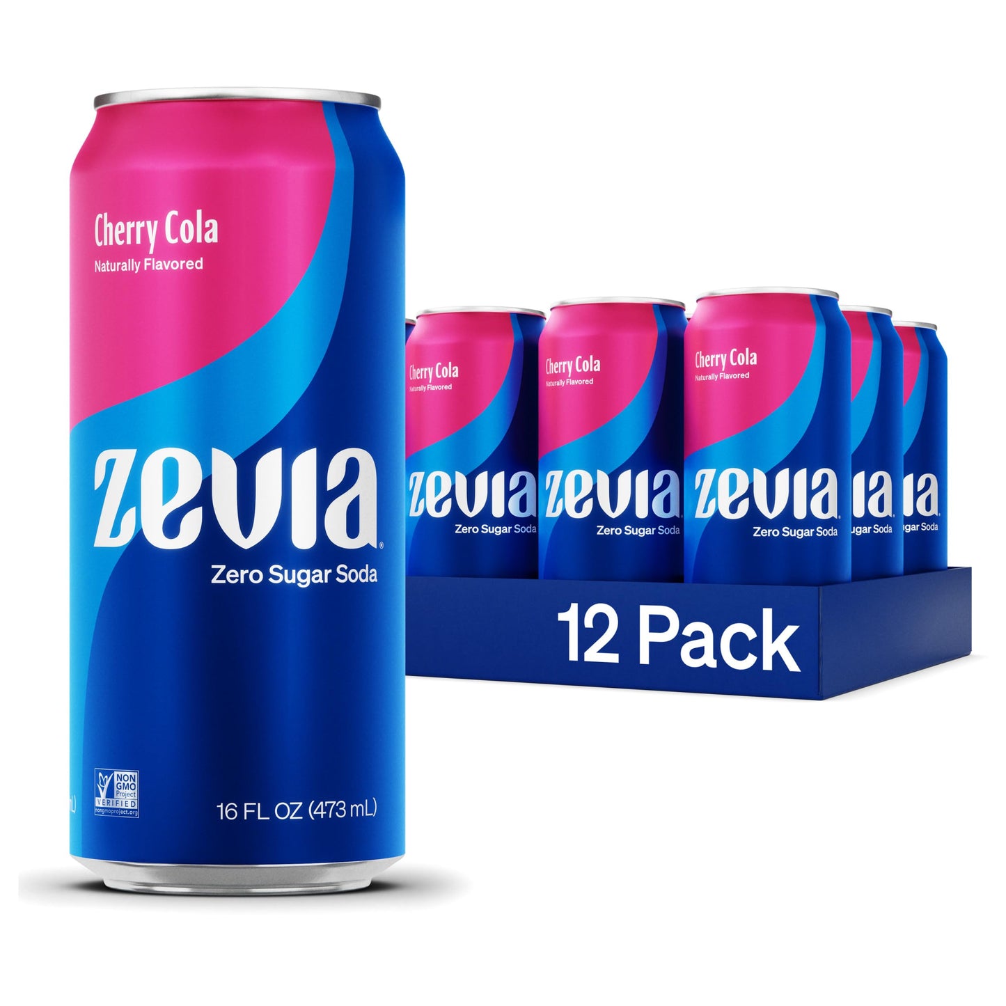 Zevia Zero Sugar Soda, Cherry Cola, 16 Oz Cans (12-Pack) - Naturally Sweetened, Zero Calorie Sugar Free Soda - Non-Gmo Project V