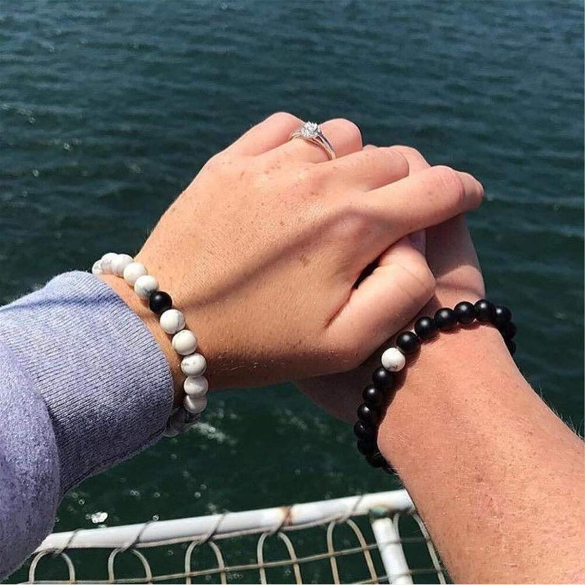 CNLQ Long Distance Bracelets For Lovers Couples Matching Gift Matte Agate 8mm Bead Stone (Elastic Red) (Elastic White)