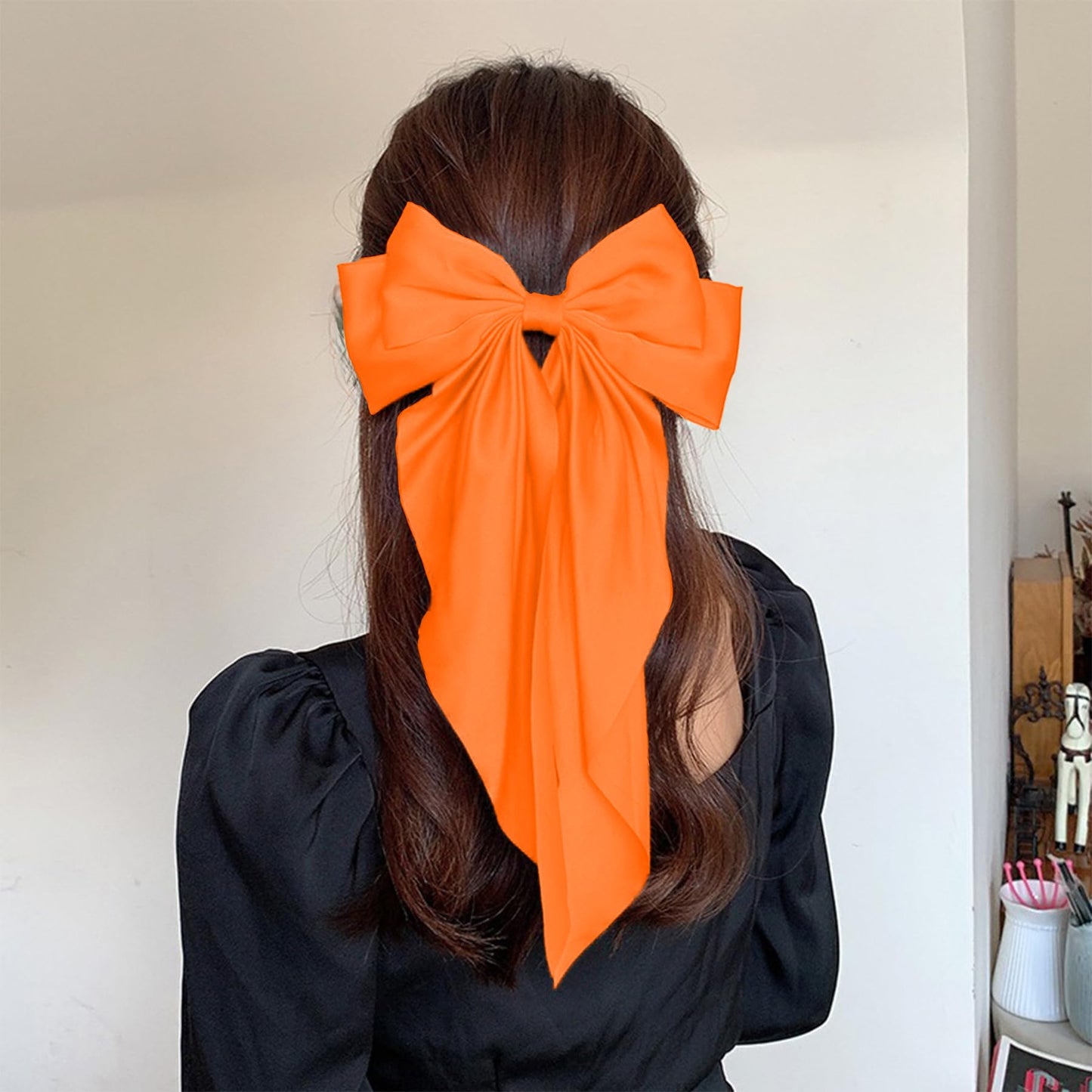 Hair Bows for Women Girls - Silky Satin Bow Hair Clip with Long Tail Ribbons - Aesthetic Halloween Hair Accessories (Bright Oran