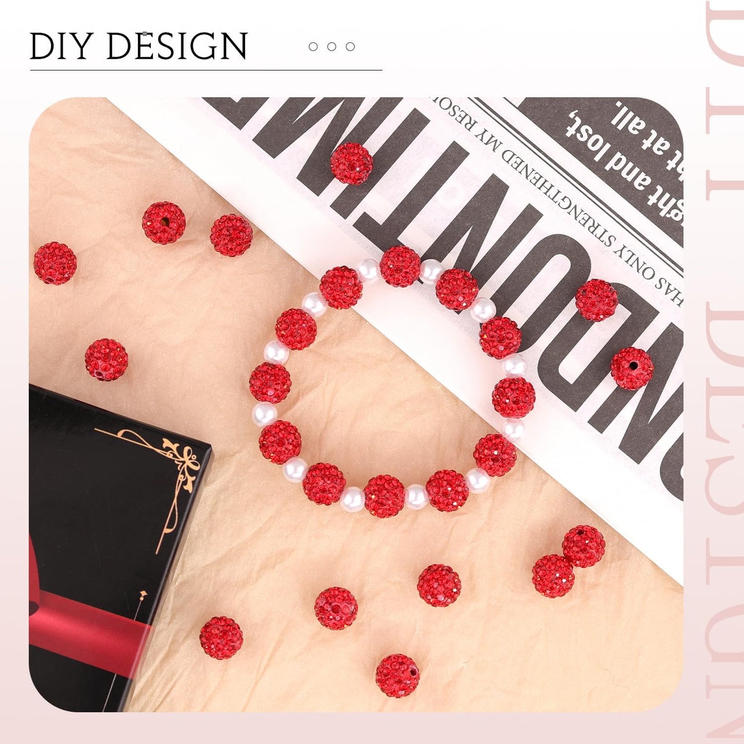 200pcs 10mm Red Rhinestone Beads for Jewelry Making, Shiny Round Shamballa Disco Ball Beads Bulk, Sparkle Crystal Clay Christmas for Bracelet Baseball Necklace Earring Crafting and DIY