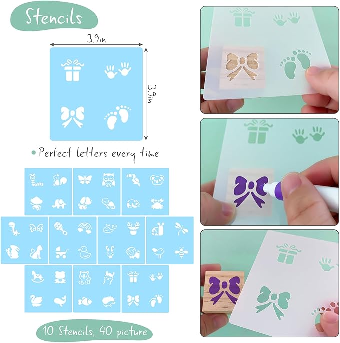 117 Pcs Baby Shower Blocks to Decorate Game Kit Includes 52 Wooden Blocks 24 Markers 1 Game Sign 40 Templates to Paint (Flower)
