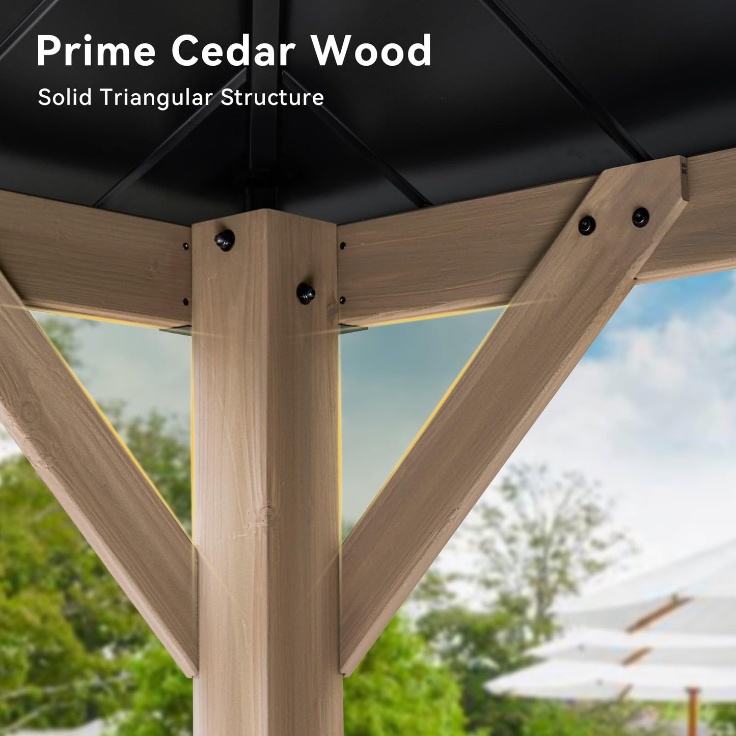 Aoxun 10' x 12' Outdoor Wood Gazebo, Hardtop Gazebo Permanent Wooden Pavilion with Galvanized Steel Double Roof, and LED Outdoor Waterproof Hanging Lights, for Patio, Garden, Deck, Cedar Wood, Grey