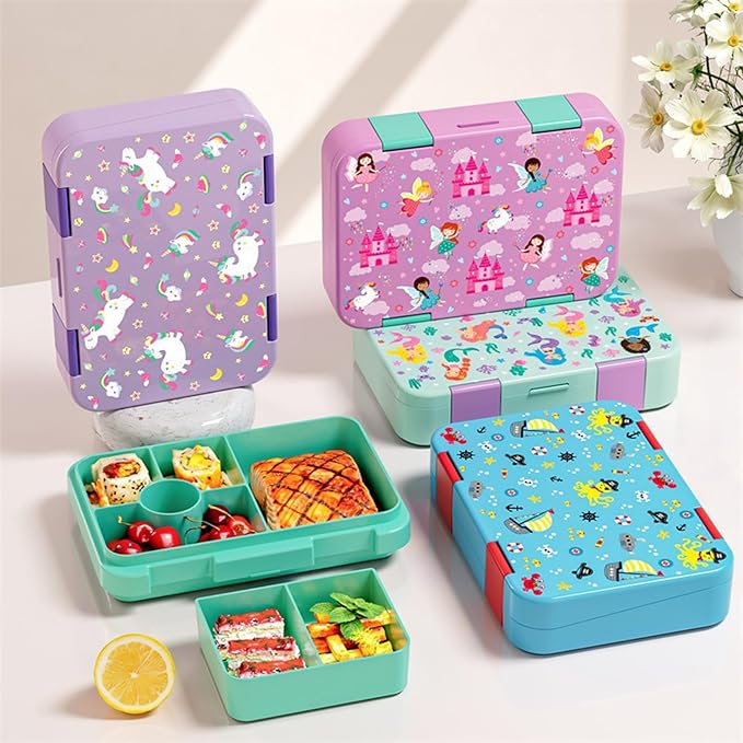 Bento Lunch Box for Kids, 6 Compartments BPA Free, Dishwasher Safe Back to School Snack Bento Lunch Containers Boxes, Ideal Portion Sizes for On-the-Go Meal, Ages 3+, School, Pink Patterned
