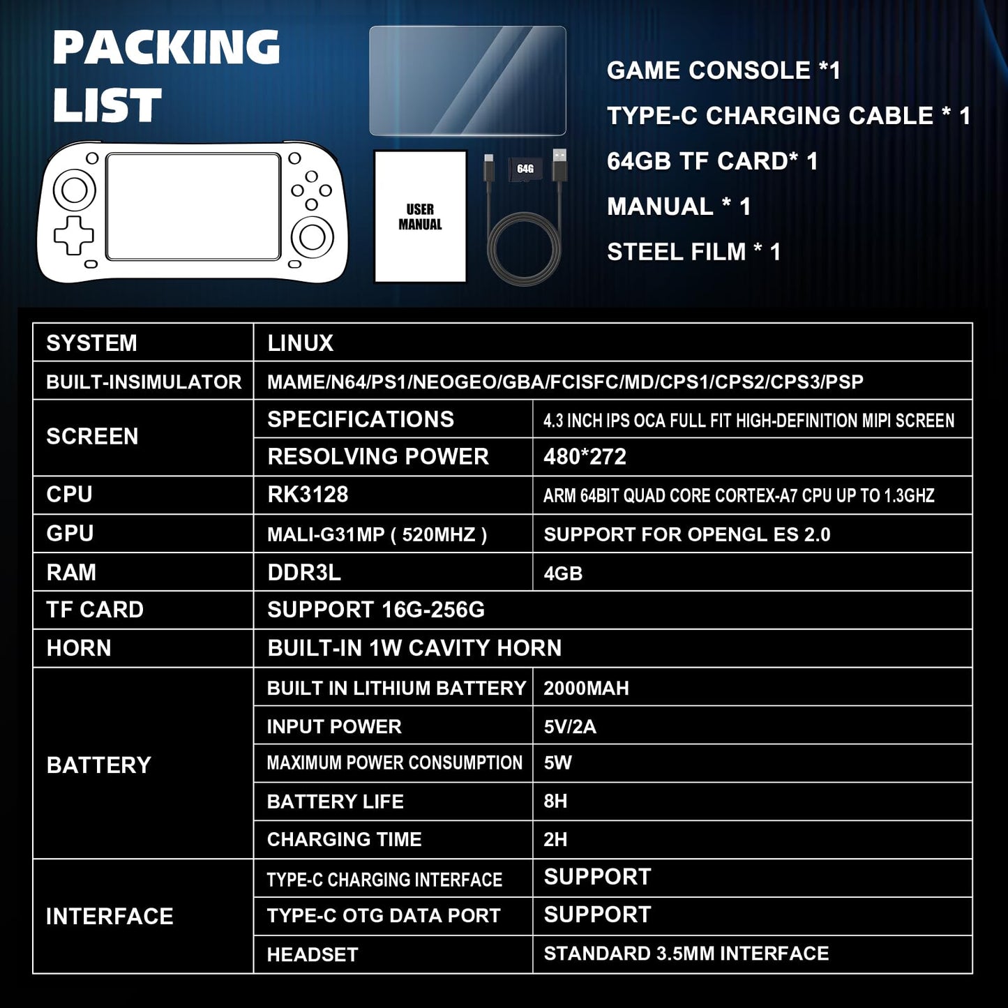 G28 Retro Handheld Game Console, 4.3" IPS Screen, 64GB Memory Card with 14000+ Games, 19 Emulators, 3000mAh Battery, OTG Support, 3D Joystick, Built-in Headphone Jack, Retro Gaming Console for Adults