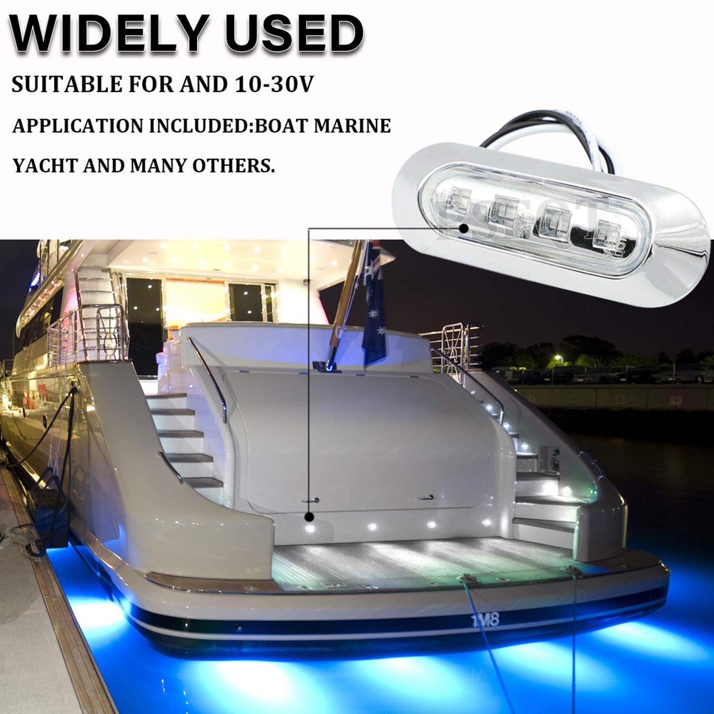 PSEQT Marine LED Lights - Waterproof Interior Deck Light, 3.8in x 1.29in, Polycarbonate, Chrome Bezel, White, Model PSEQTSF003W,