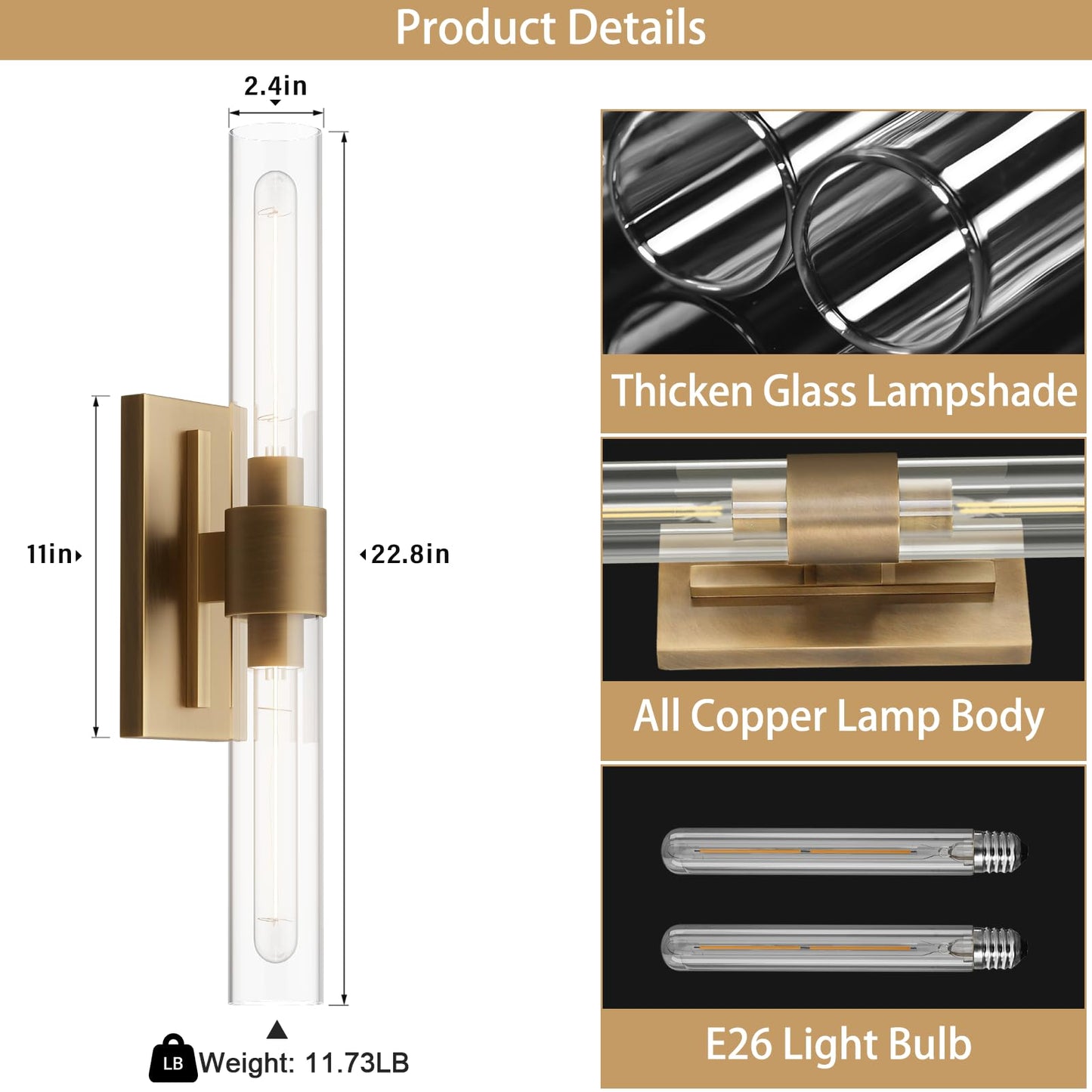 Yuexpand Gold Wall Sconces Set Of Two  Brass 22.8 Sconces Wall Lighting Bathroom Vanity Lights With Clear Glass Shade For Mirror  Living Room  Bedroom  Hallway  Fireplace  Staircase(Including Bulb)