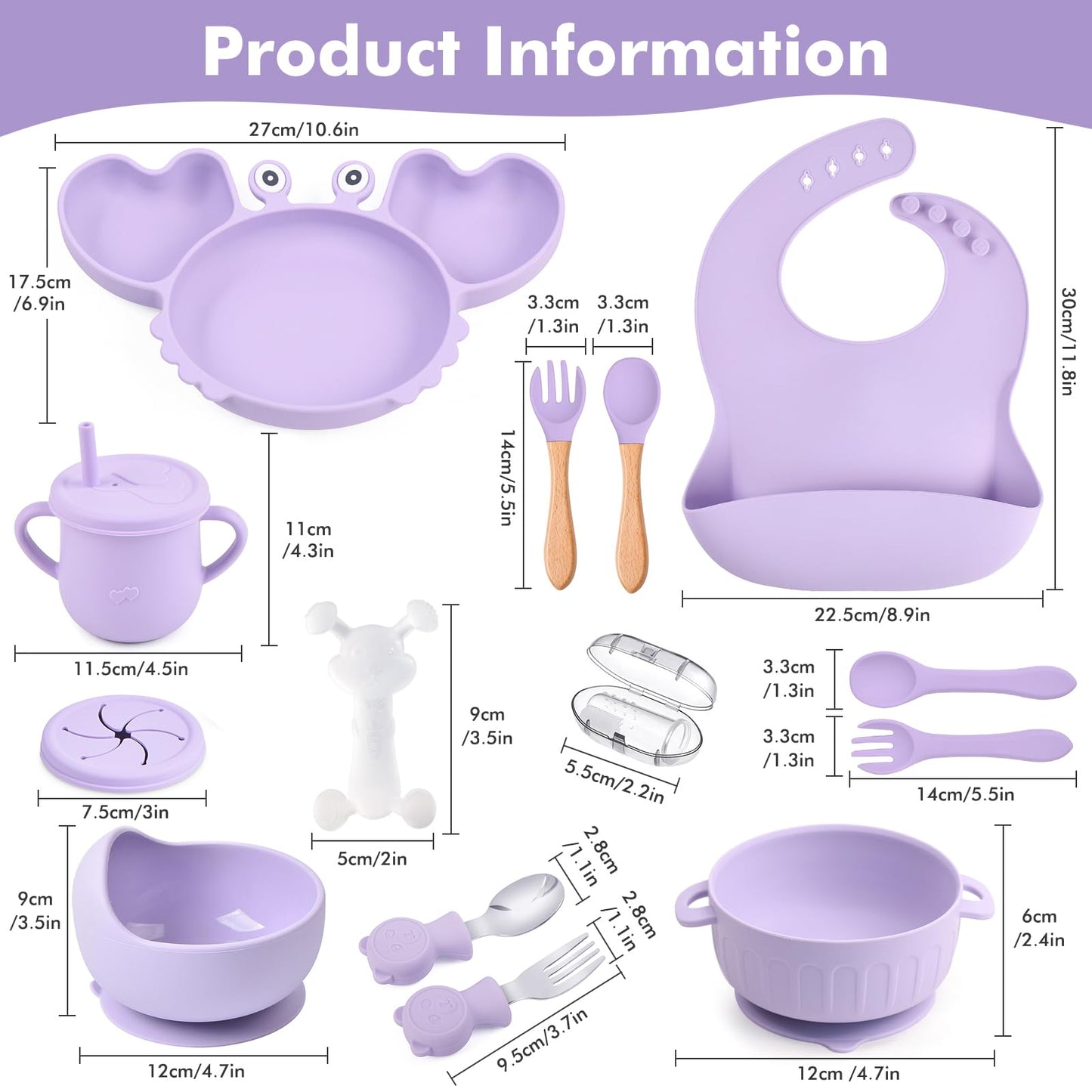 Silicone Baby Feeding Set 15 Pcs，Baby Spoons Suction Bowl Divided Plate Bib Cup Finger Brush Training cups,Baby Led Weaning Supplies,Baby Plates，Toddler Feeding Plates and Bowls Set（purple）