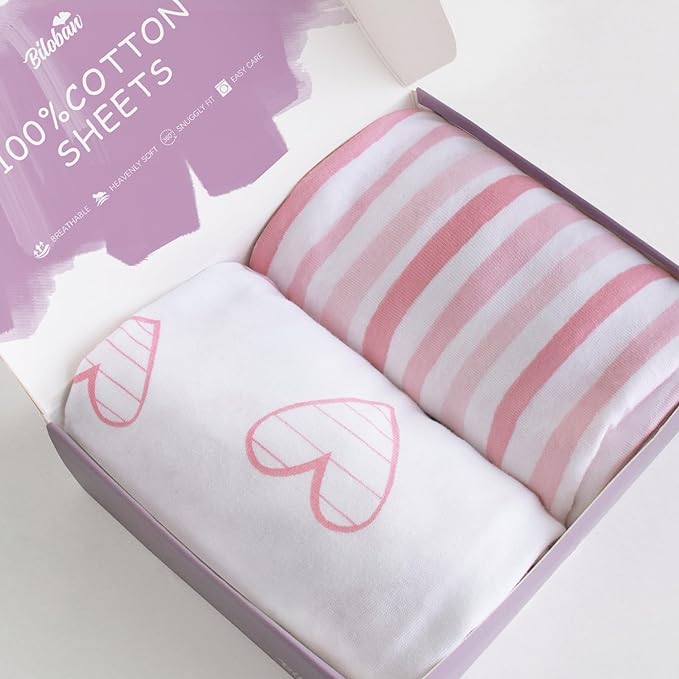 Bassinet Sheets Compatible with BIERUM Baby Bassinet Bedside Sleeper and Mika Micky Bedside Sleeper, (2 Pack), 100% Jersey Knit Cotton Fitted Sheets, Mild Pink Stripes and Hearts Print for Baby Girls