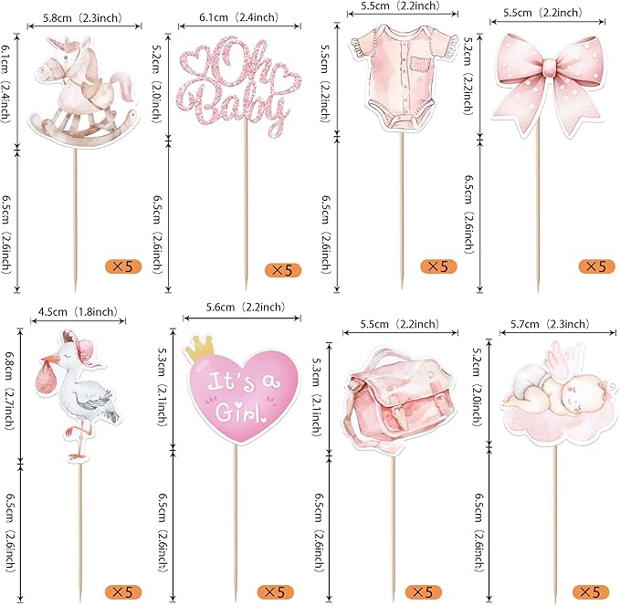 Rsstarxi 40 Pack Baby Cupcake Toppers Oh Baby Shower Decorations - Bow Trojan Horse It's a Girl Cupcake Picks for Welcome Baby Girls Birthday Party Cake Decorations