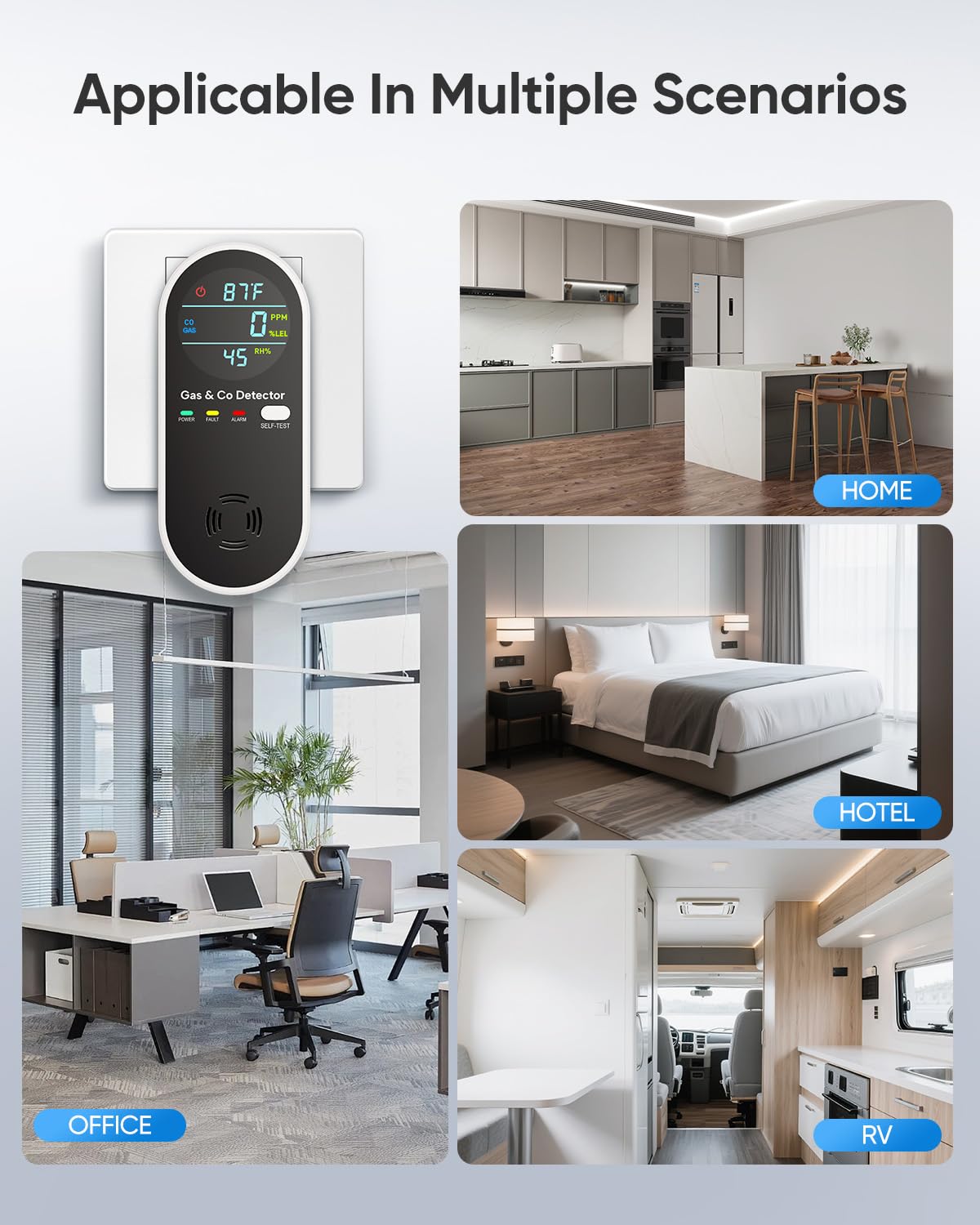 Vilfet Carbon Monoxide Detectors & Natural Gas Detector, 4-in-1 Carbon Monoxide Detectors Plug in, Gas Leak Detector with Dual Alarms, Temperature & Humidity Sensor for Home, RV, Black, 3 Packs
