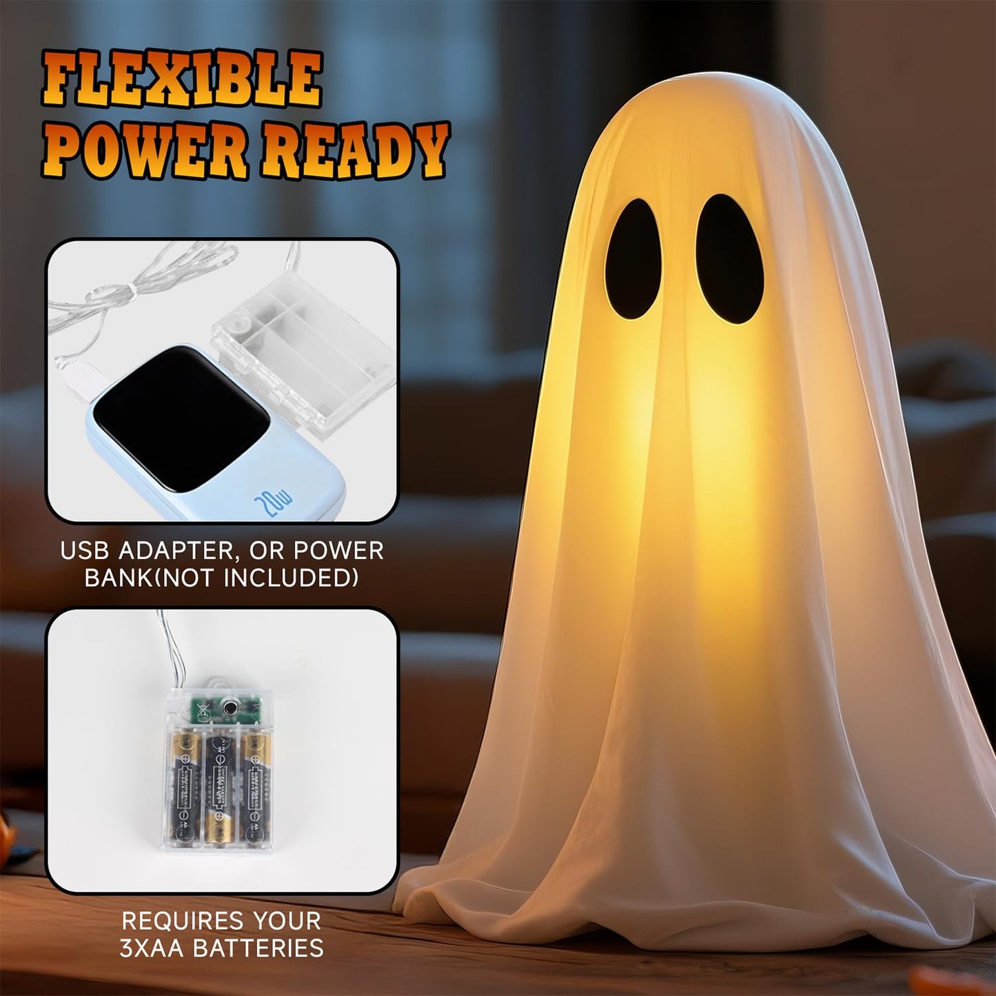 LinkCute Halloween Ghost Decor Kit - 2 Packs USB Power with Remote Controlled String Lights, White, Model LK717