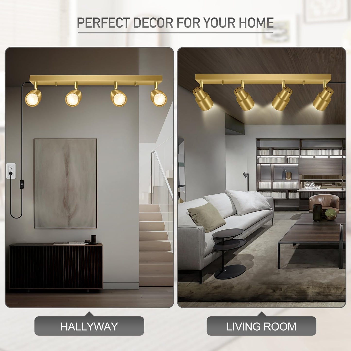 Plug in Track Lighting, 23" LED Track Light Fixtures Ceiling, Gold 4 Way Spotlight, Rotatable Light Head, Plug in Ceiling Light with Power Cord, Plug Wall Light for Kitchen Hallway Bar(GU10, NO Bulb)
